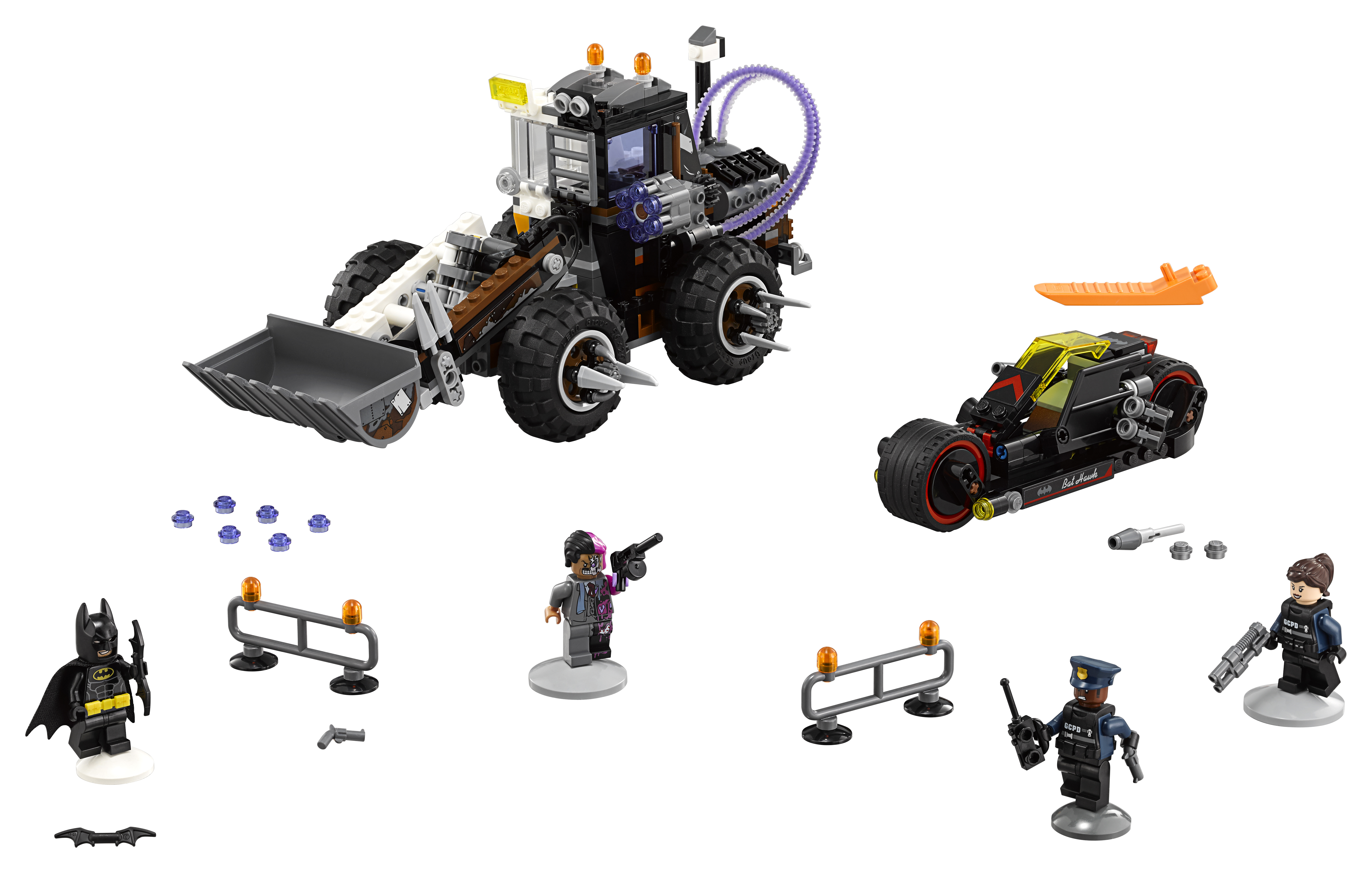 Lego Batman set: een bulldozer, een motor en minifiguren. Zwarte, grijze en rode kleuren.