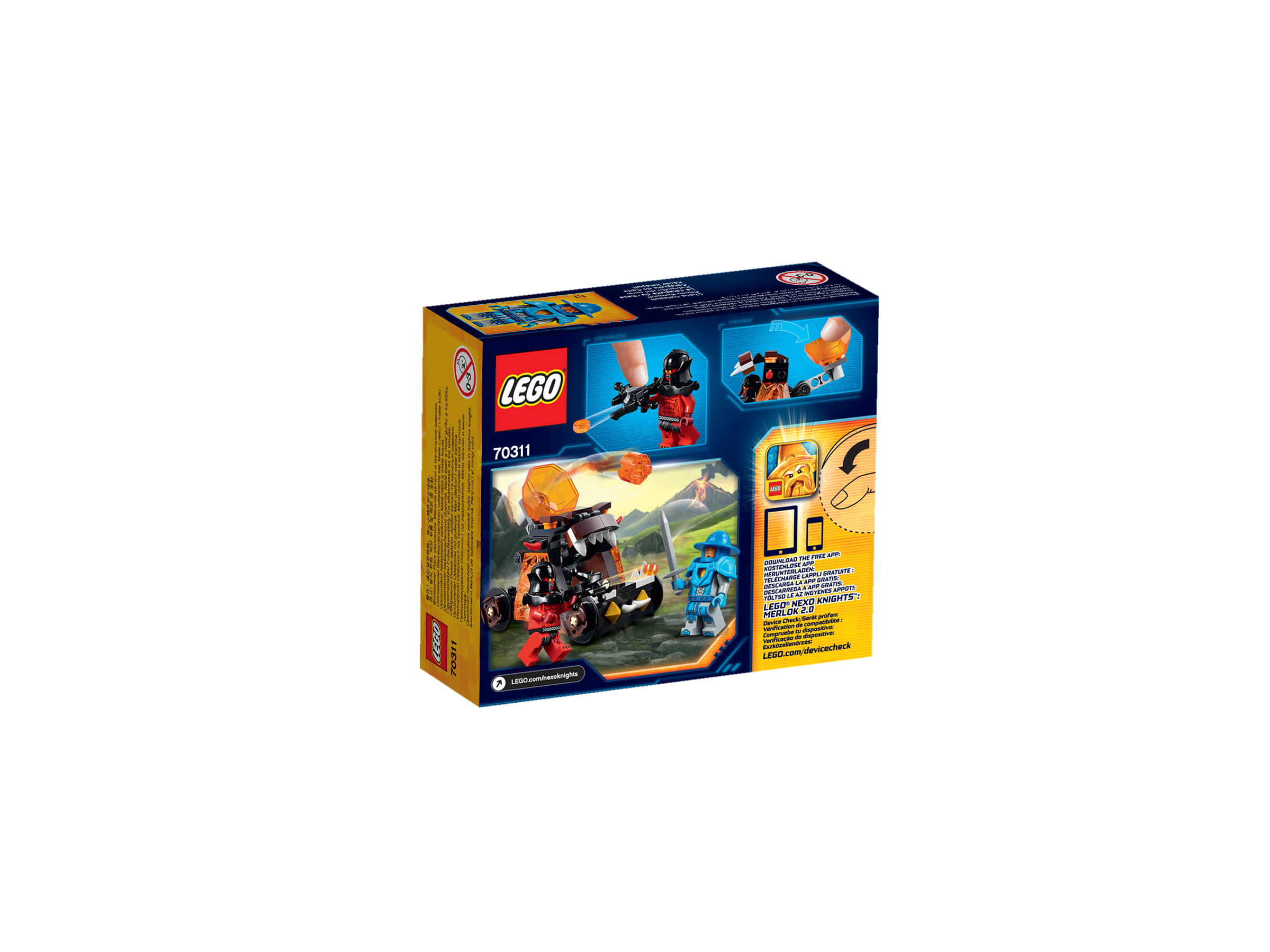 Retro di una scatola Lego. Mostra una figura rossa e nera che spara una palla di fuoco.