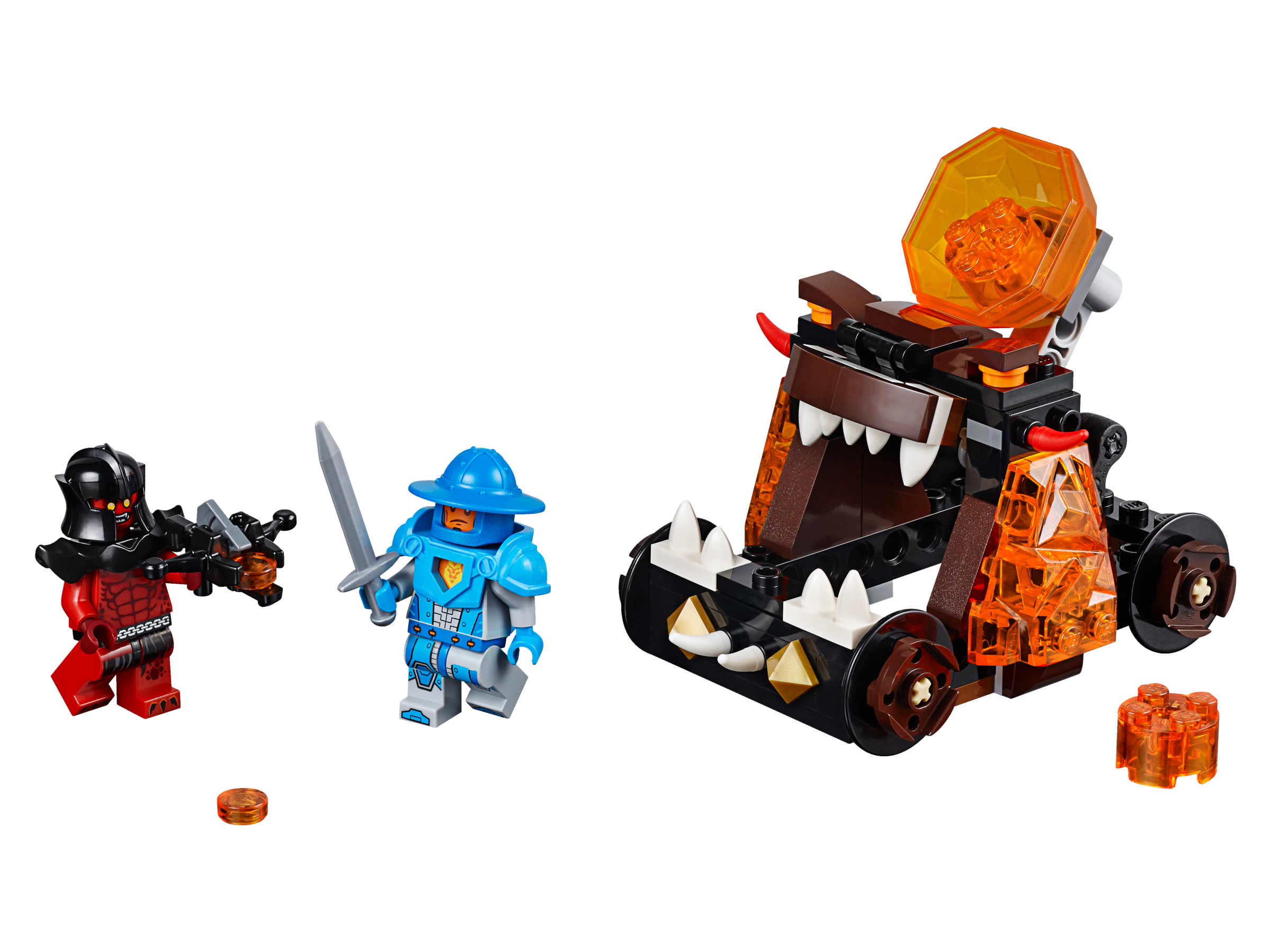 Set LEGO con tre minifigure e un veicolo mostruoso. Un cavaliere e un mostro rosso affrontano il veicolo.