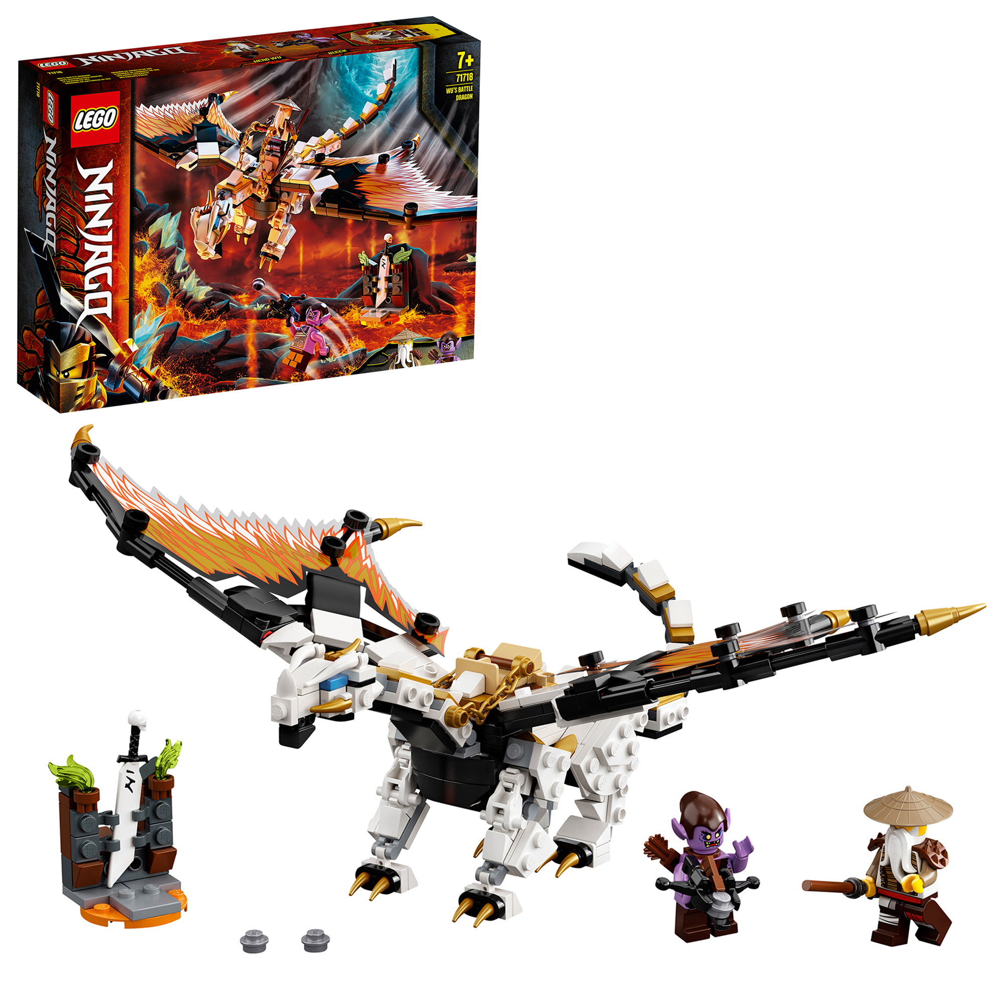 Set LEGO Ninjago con un drago bianco, minifigure e una scatola con un'immagine correlata.