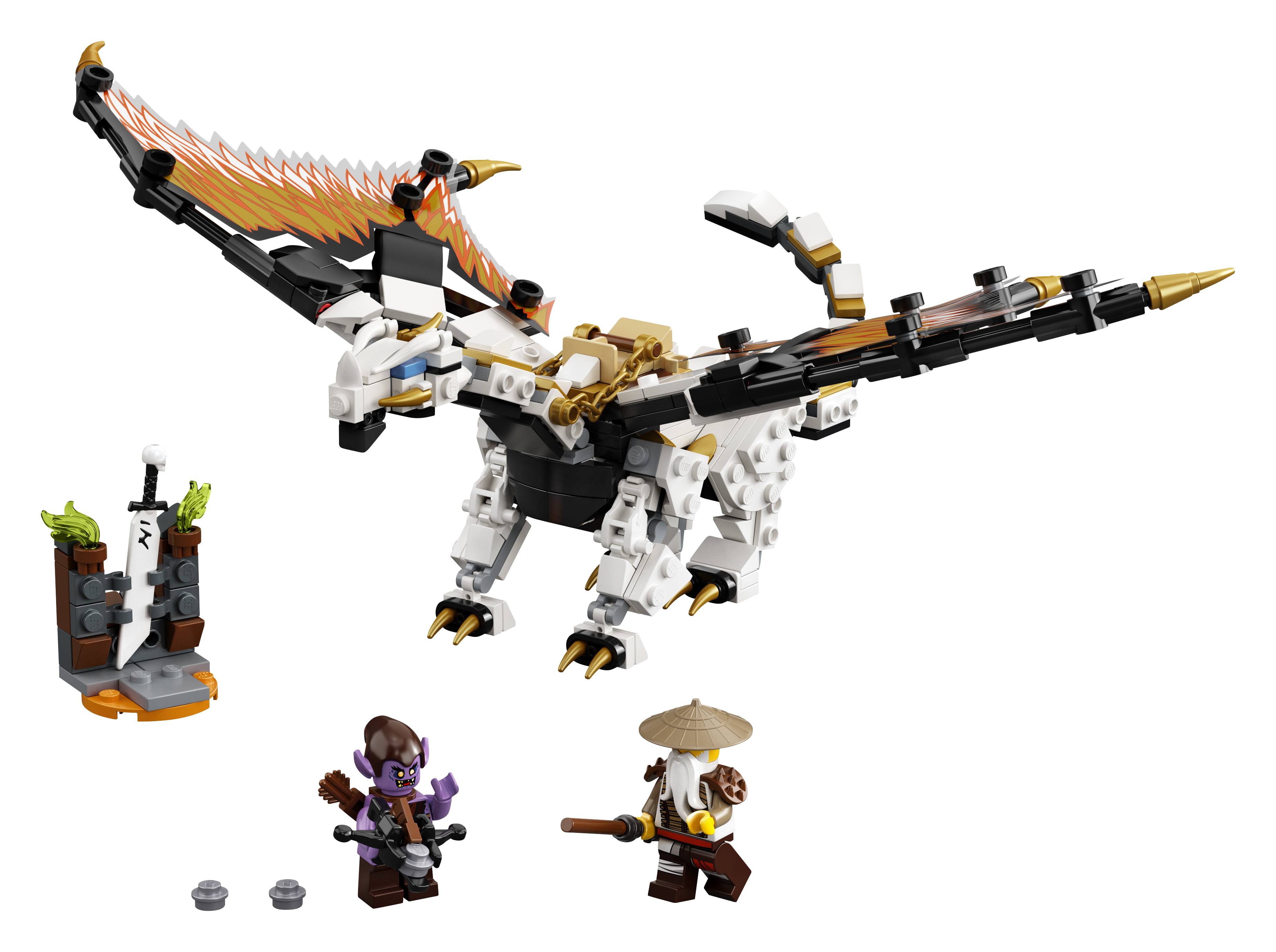 Set del drago LEGO Ninjago con drago bianco e oro, minifigure e accessori su bianco.