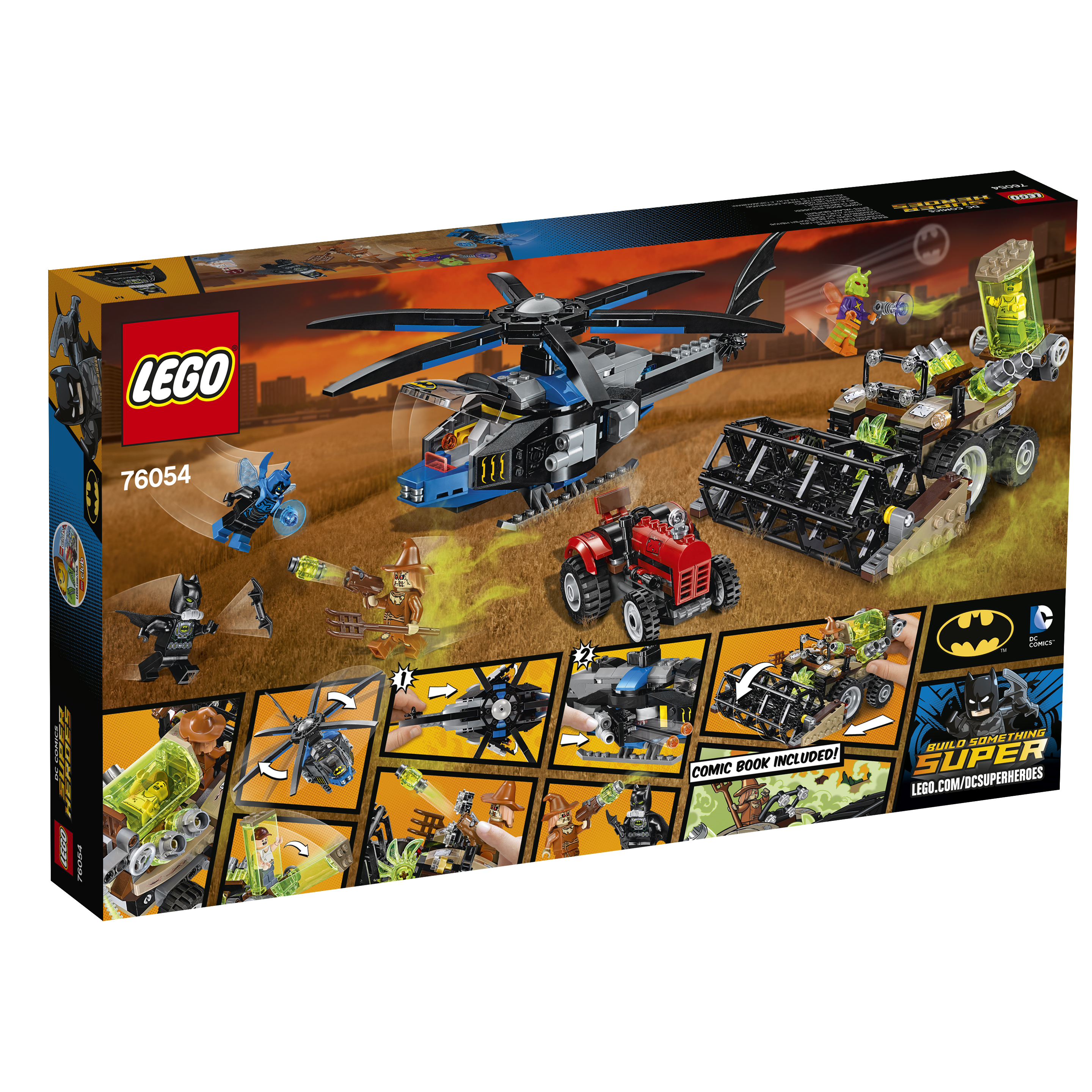 Scatola del set LEGO DC Super Heroes. Con un elicottero, un trattore e le minifigure di Batman e altri.