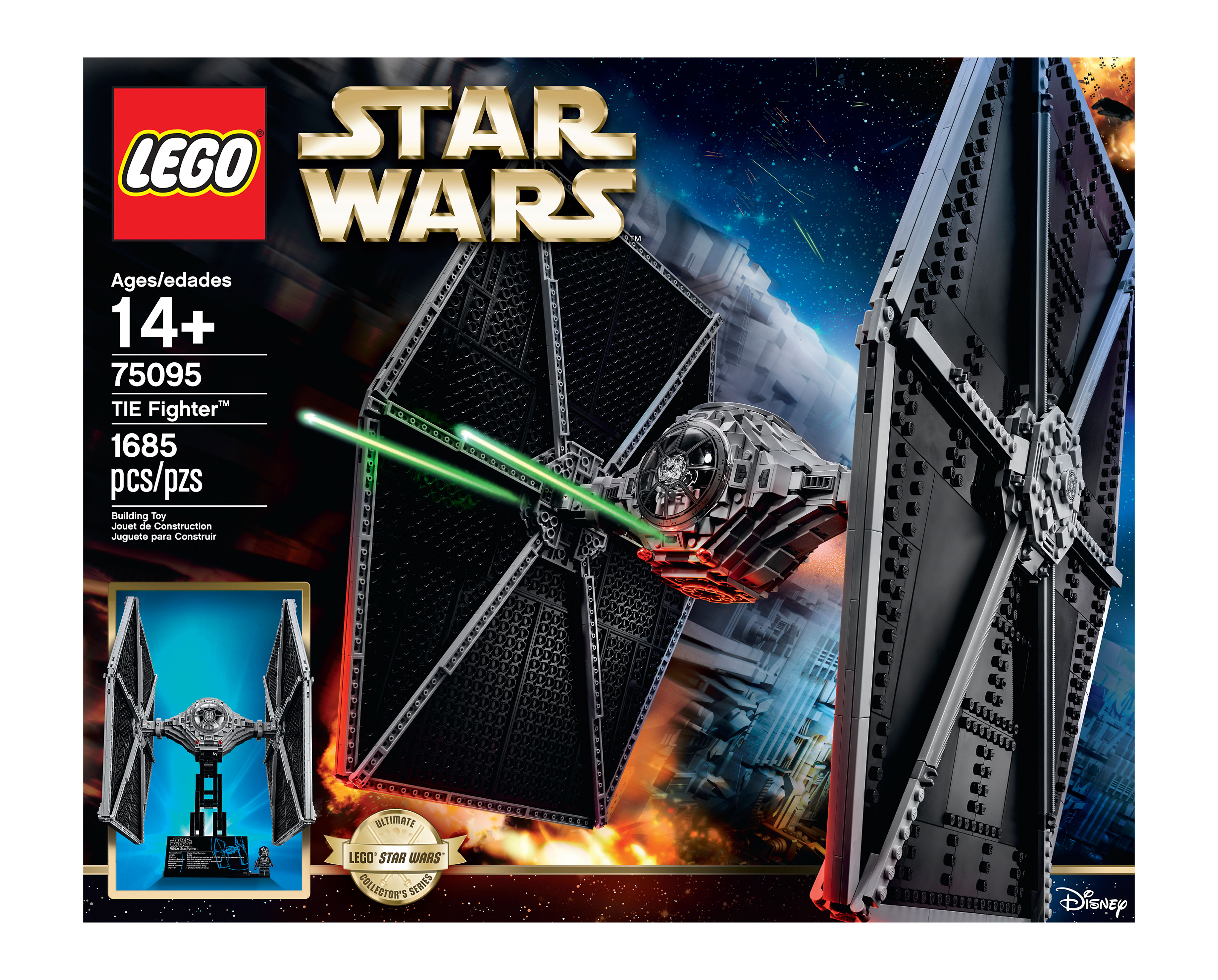 Lego Star Wars TIE Fighter-boxset. De set toont de TIE Fighter met groene lasers.