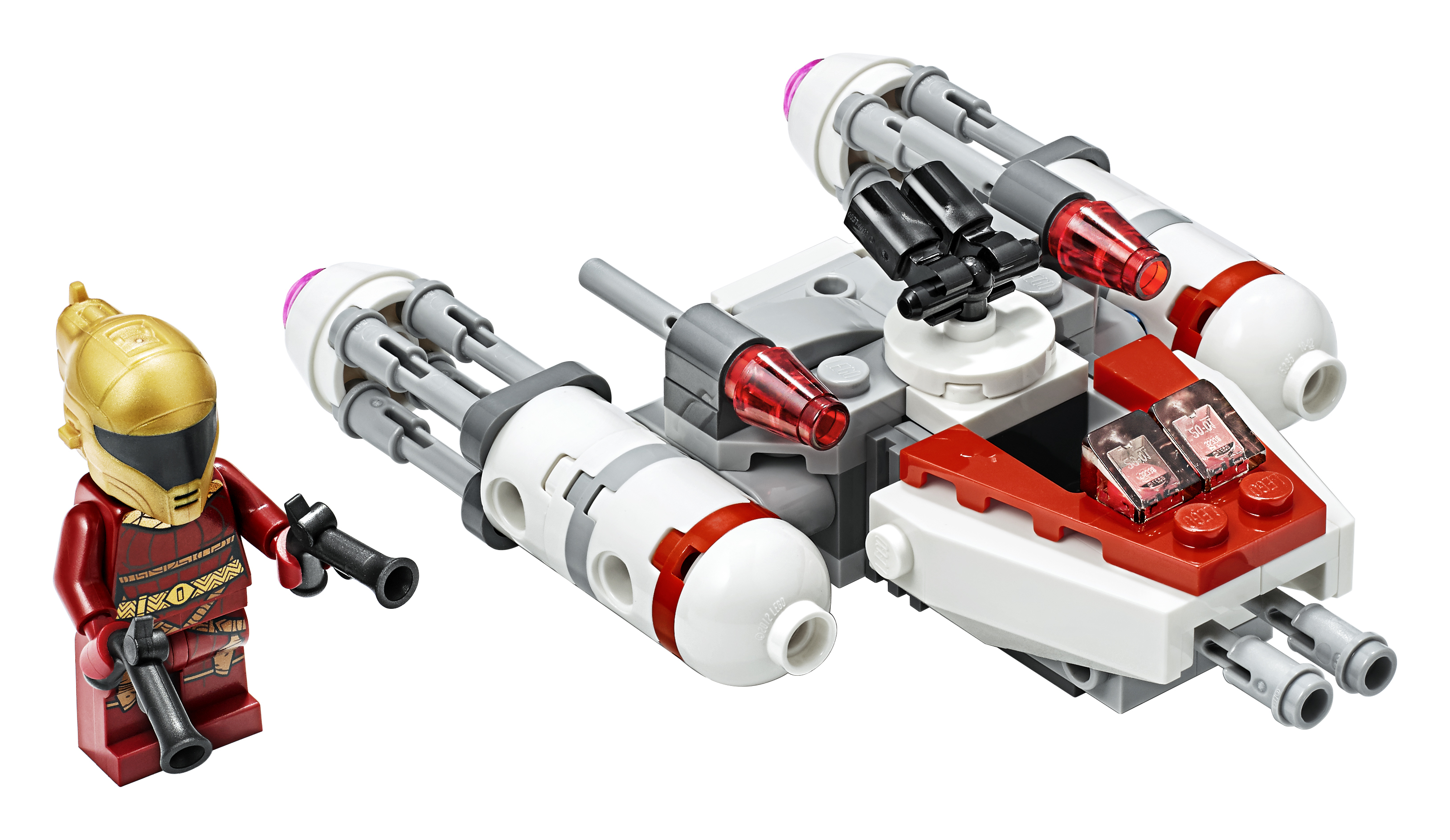 Set Lego con un'astronave rossa e bianca e una minifigure in rosso con una pistola.