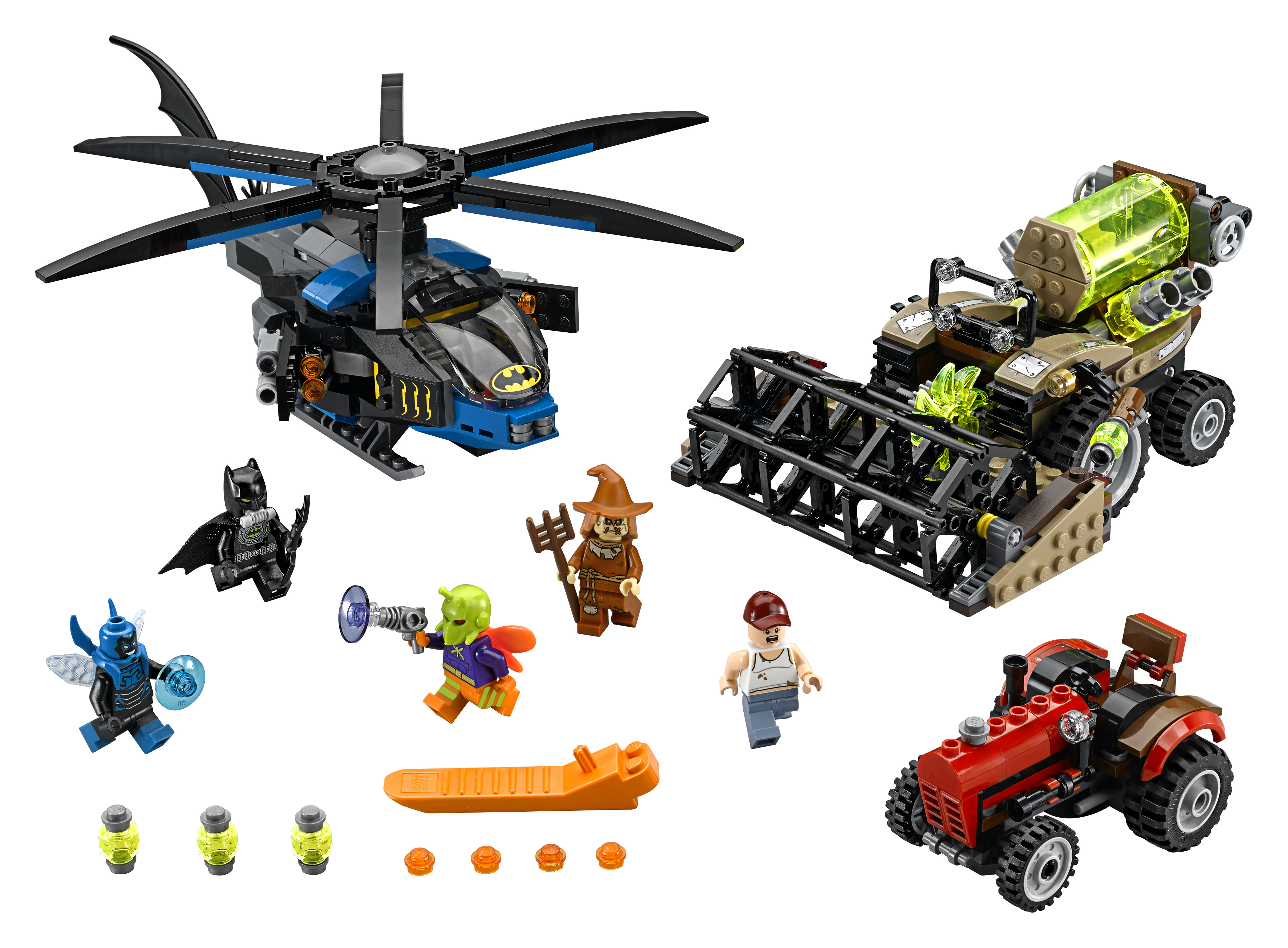 Set Lego Batman: un elicottero, una mietitrebbia e personaggi di Batman, Spaventapasseri e altri.