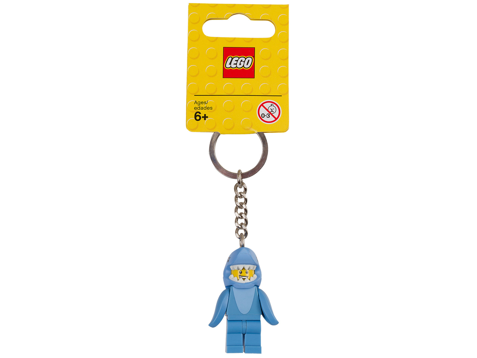 Mavi köpekbalığı figürü ve sarı arka planlı bir Lego köpekbalığı anahtarlığı.