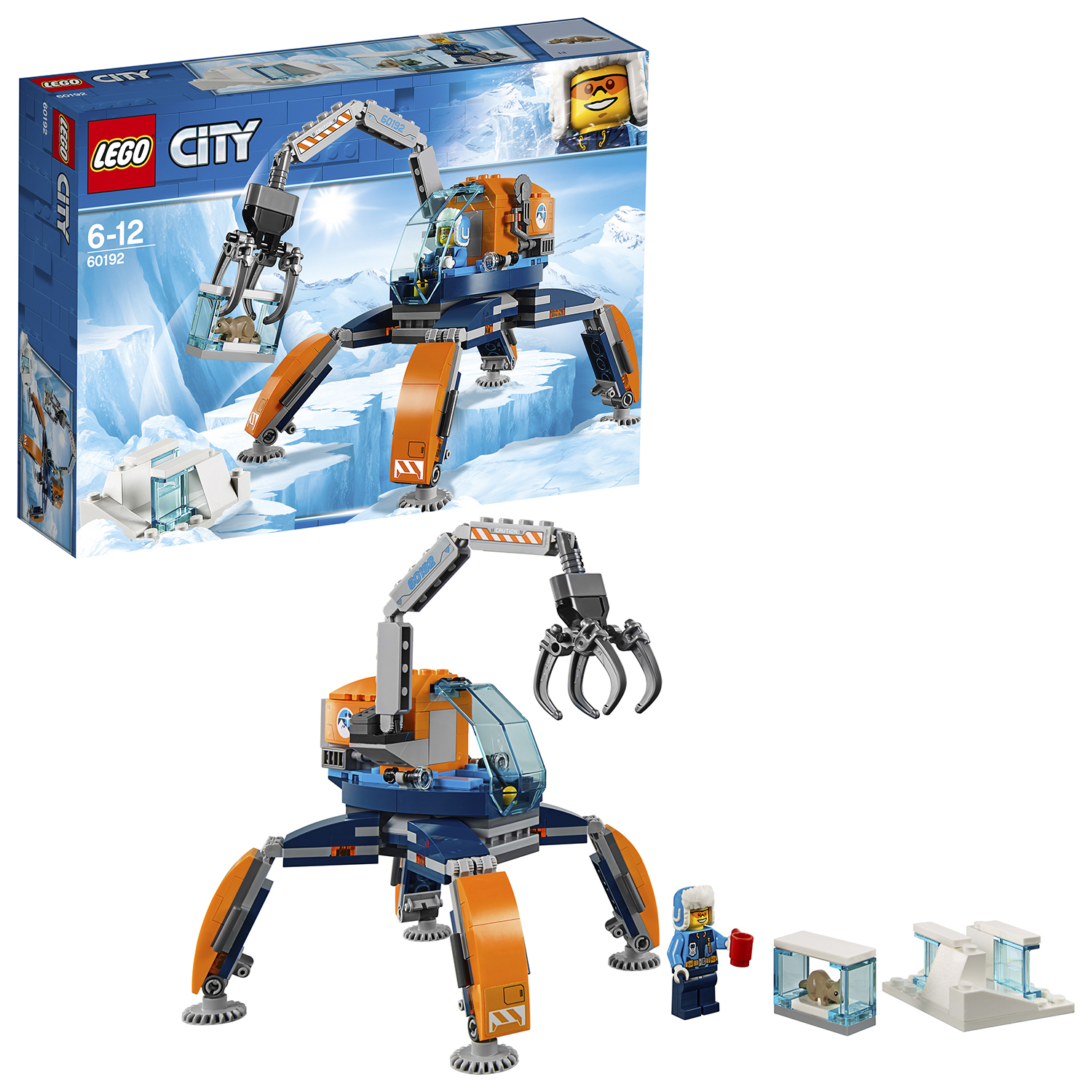 Set LEGO City con un veicolo a forma di granchio, un piccolo edificio e minifigure su un paesaggio ghiacciato, con scatola.