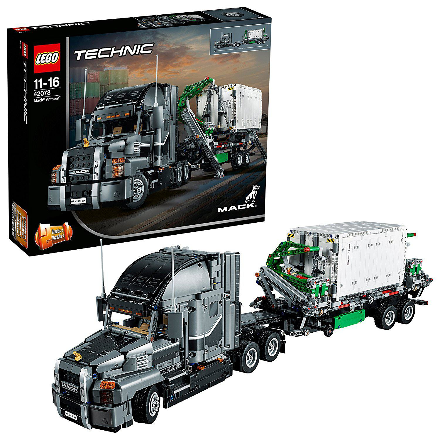 Zestaw ciężarówki Lego Technic Mack Anthem. Pokazano pudełko i zmontowaną ciężarówkę.