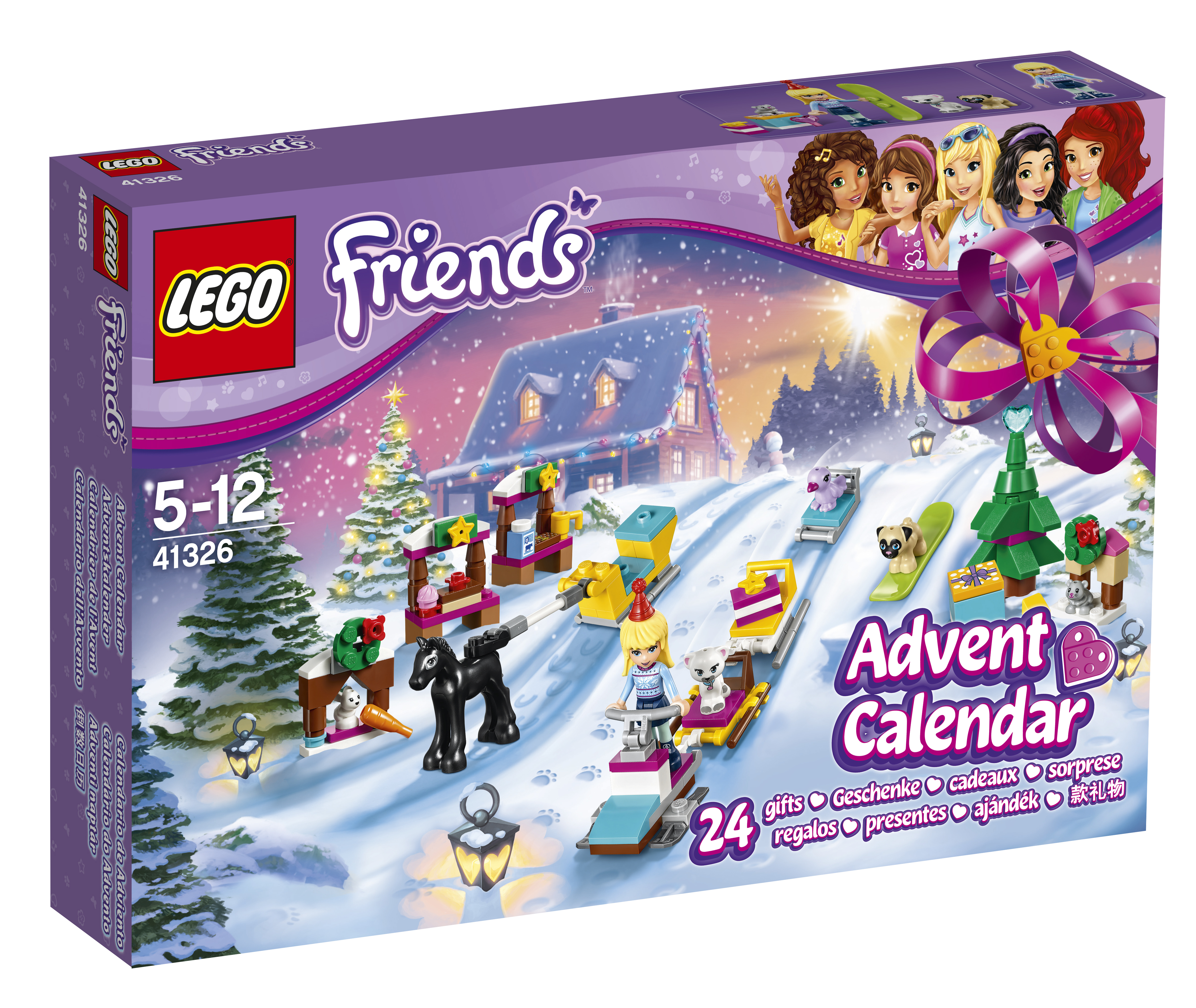Zestaw Lego Friends z kalendarzem adwentowym z zimową scenerią, prezentami i figurkami na pudełku.