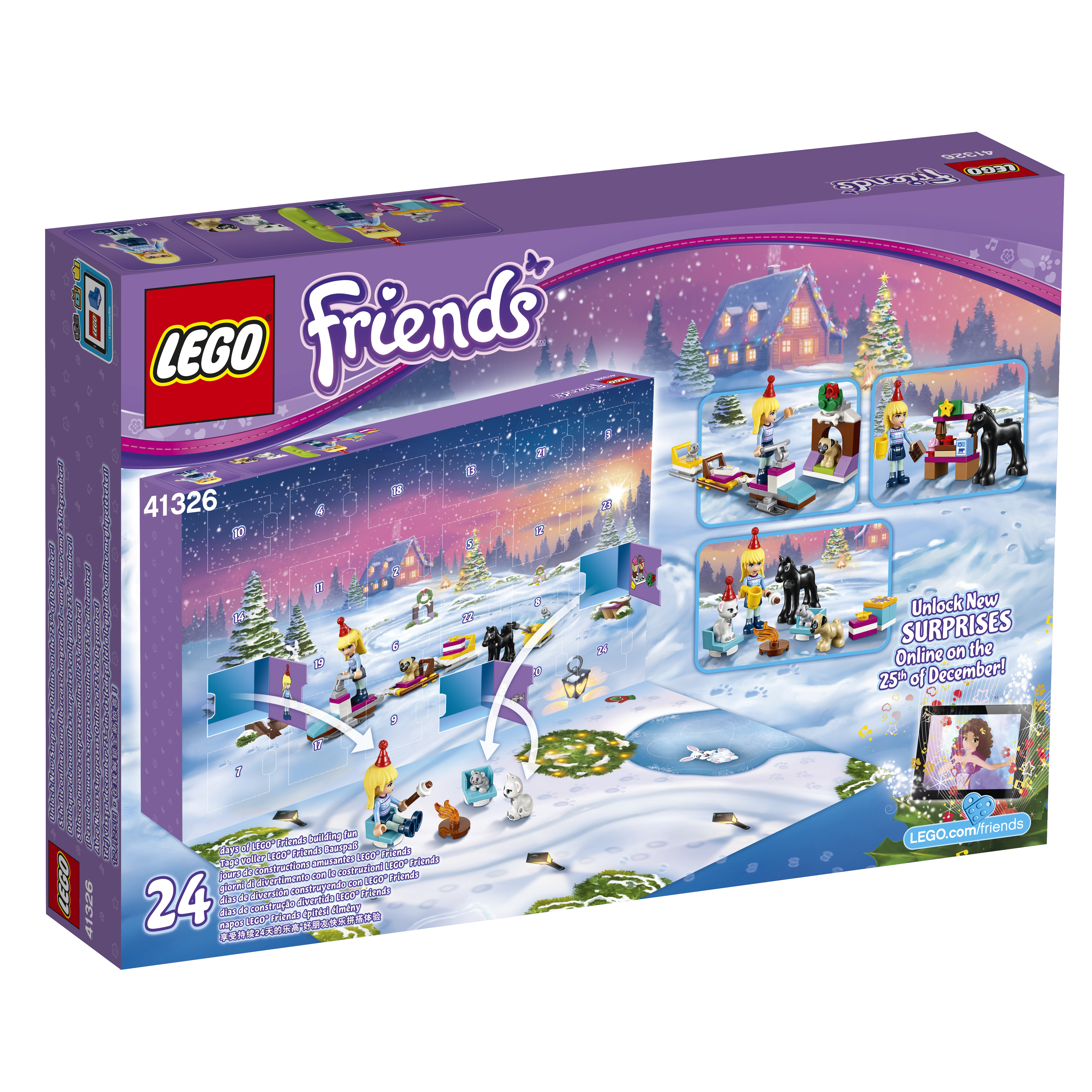 Pudełko kalendarza adwentowego LEGO Friends, przedstawiające zimową scenerię z postaciami i świątecznymi elementami.