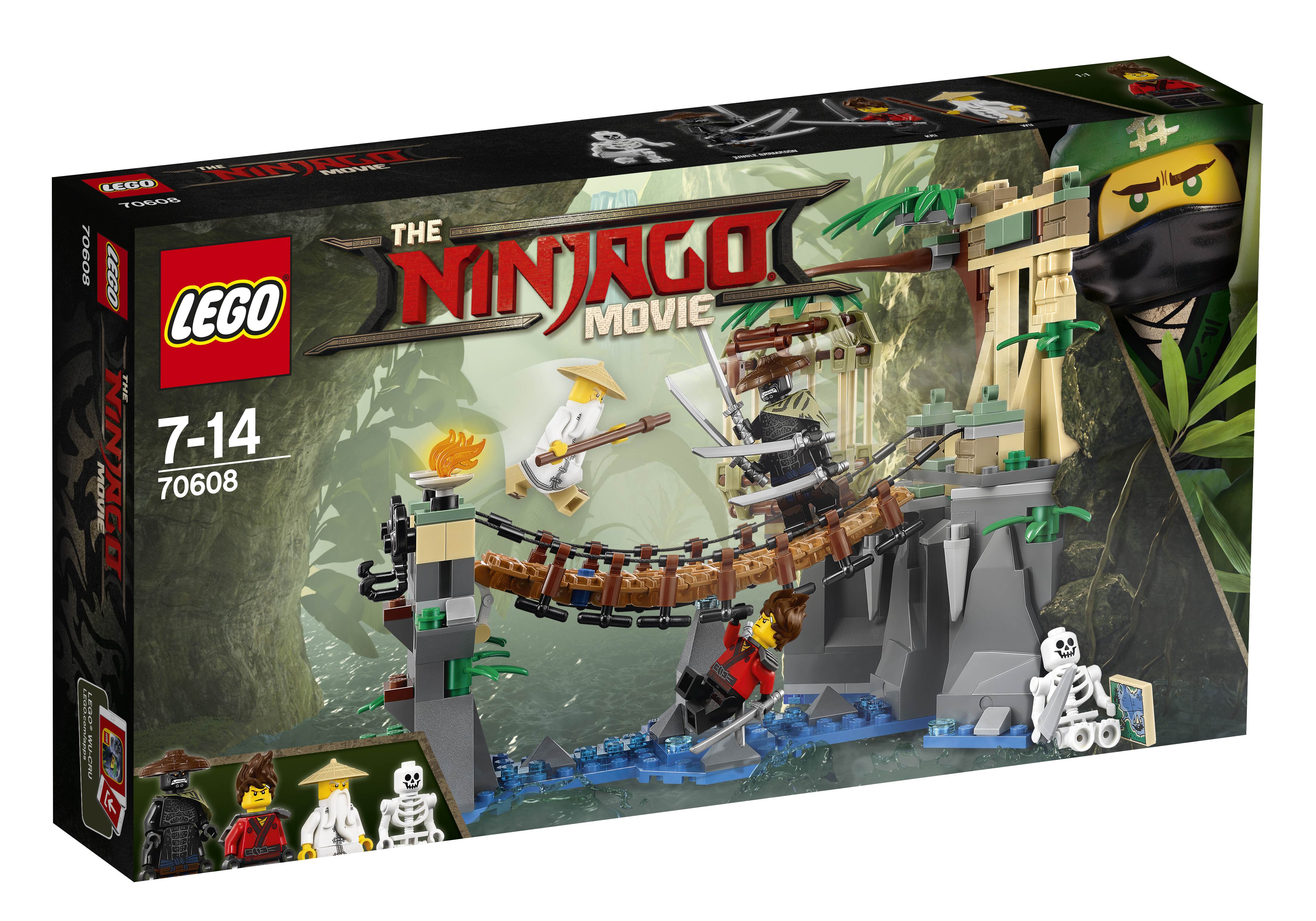 Zestaw Lego Ninjago Film. Scena z mostem nad rzeką, figurkami Ninjago i świątynią.