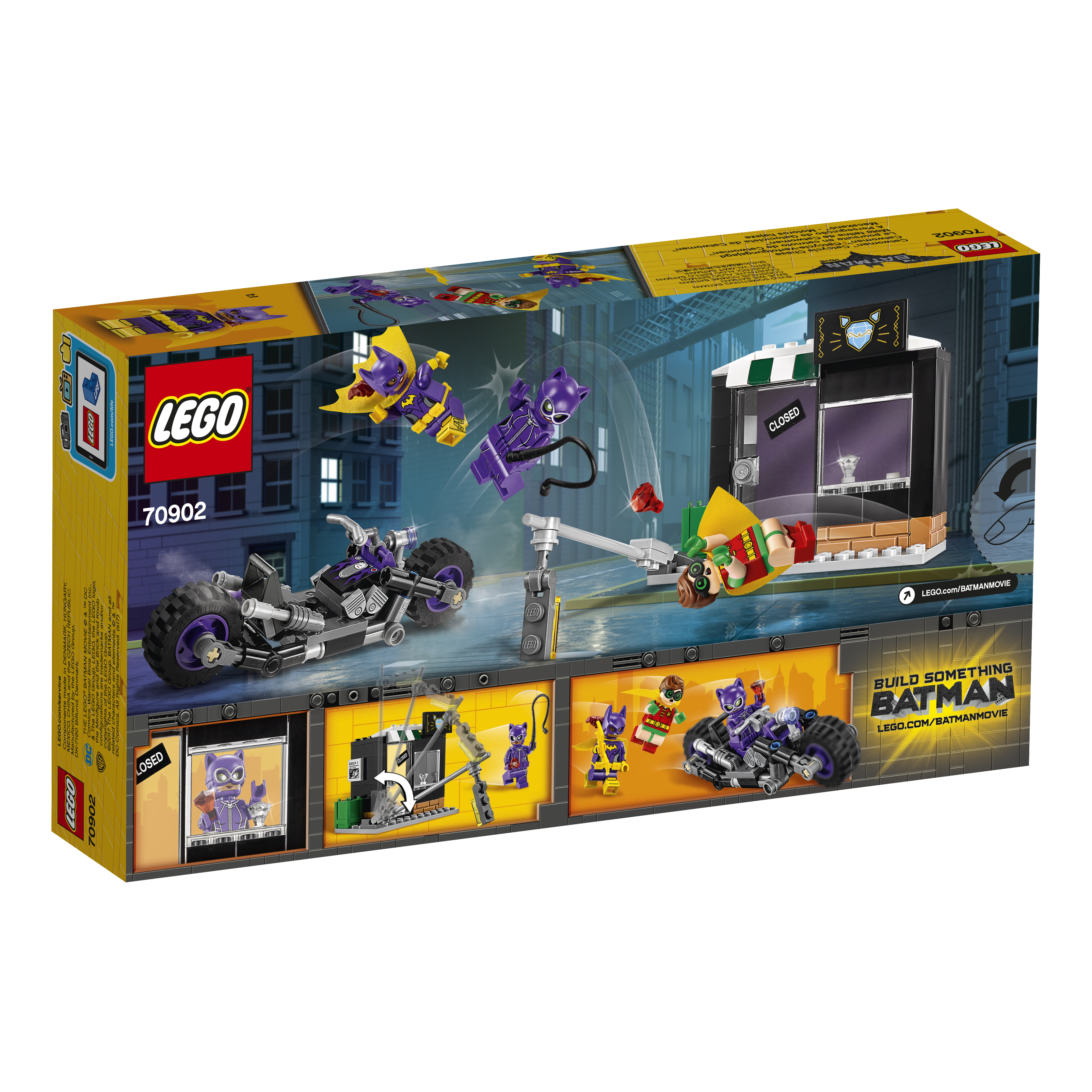 Lego Batman setbox met Batman- en Catwoman-figuren. De achtergrond is een stadsgezicht.