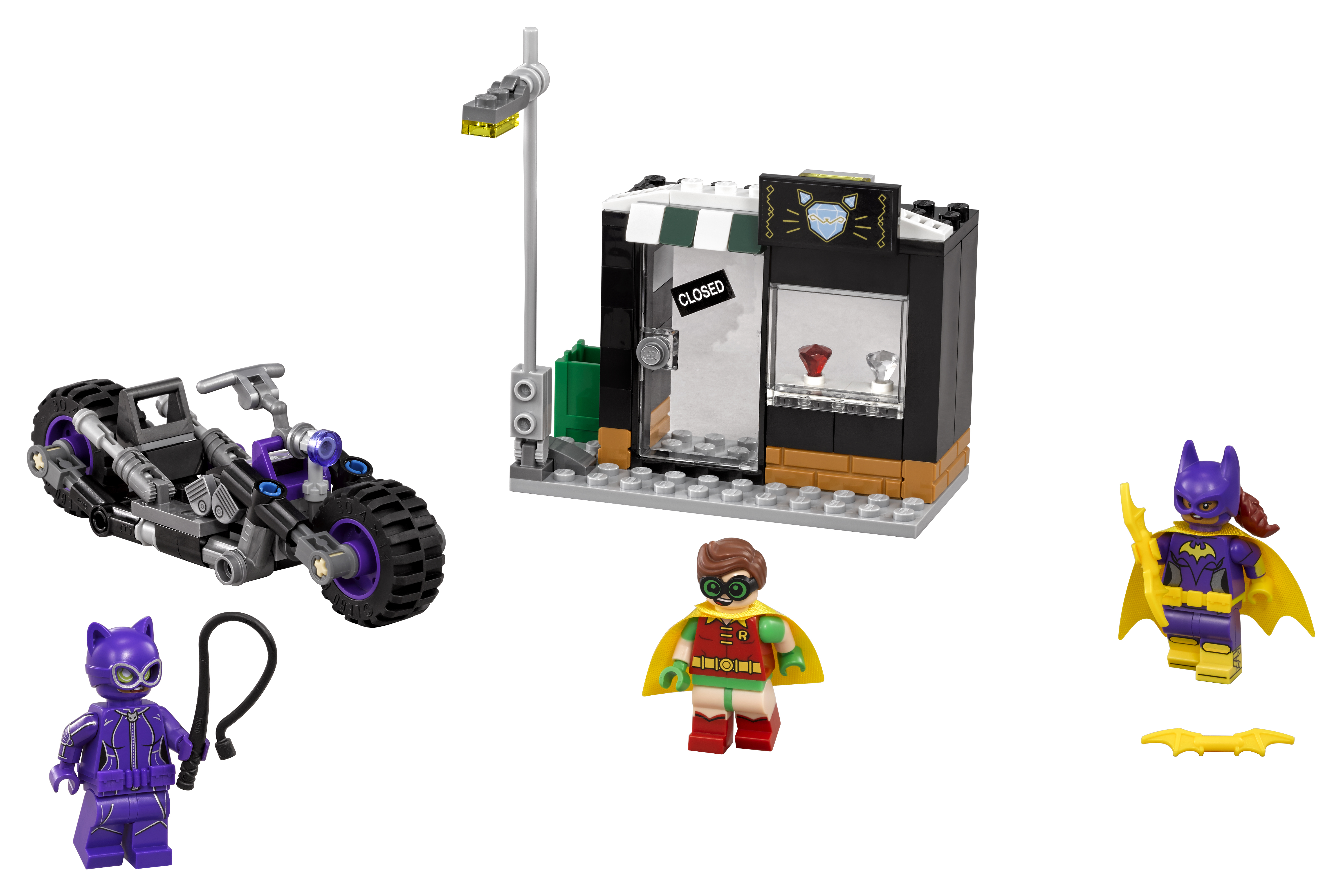 LEGO Batgirl set: een motor, winkel, Catwoman, Robin en Batgirl minifiguren.
