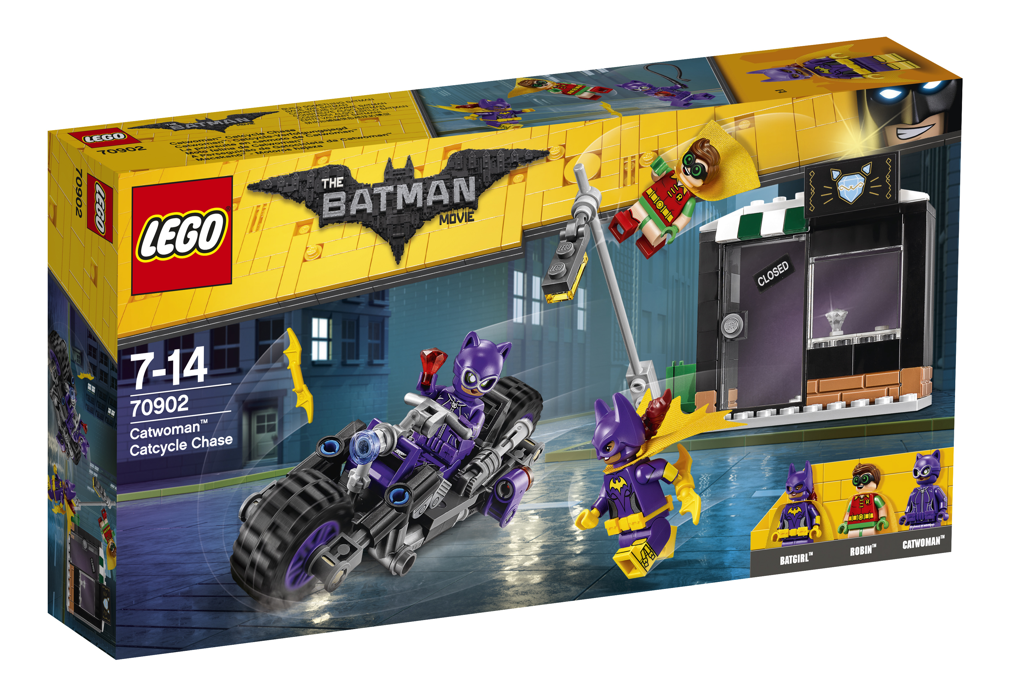 LEGO Batman Movie doos: Catwoman op een motor achtervolgt Robin en Batman. Een winkel op de achtergrond.