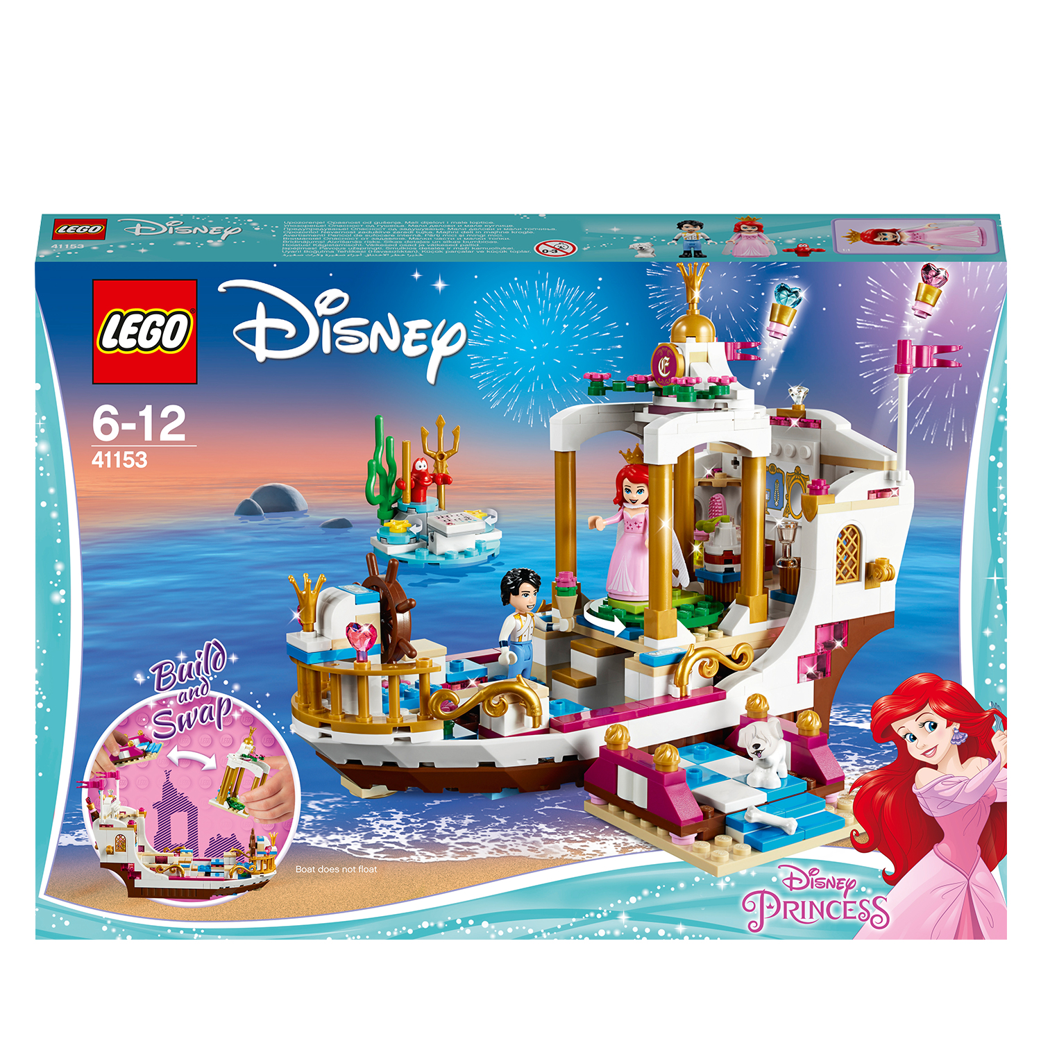 Zestaw Lego Disney Princess z Arielką, statkiem i figurkami. Pudełko przedstawia zestaw na tle morza.