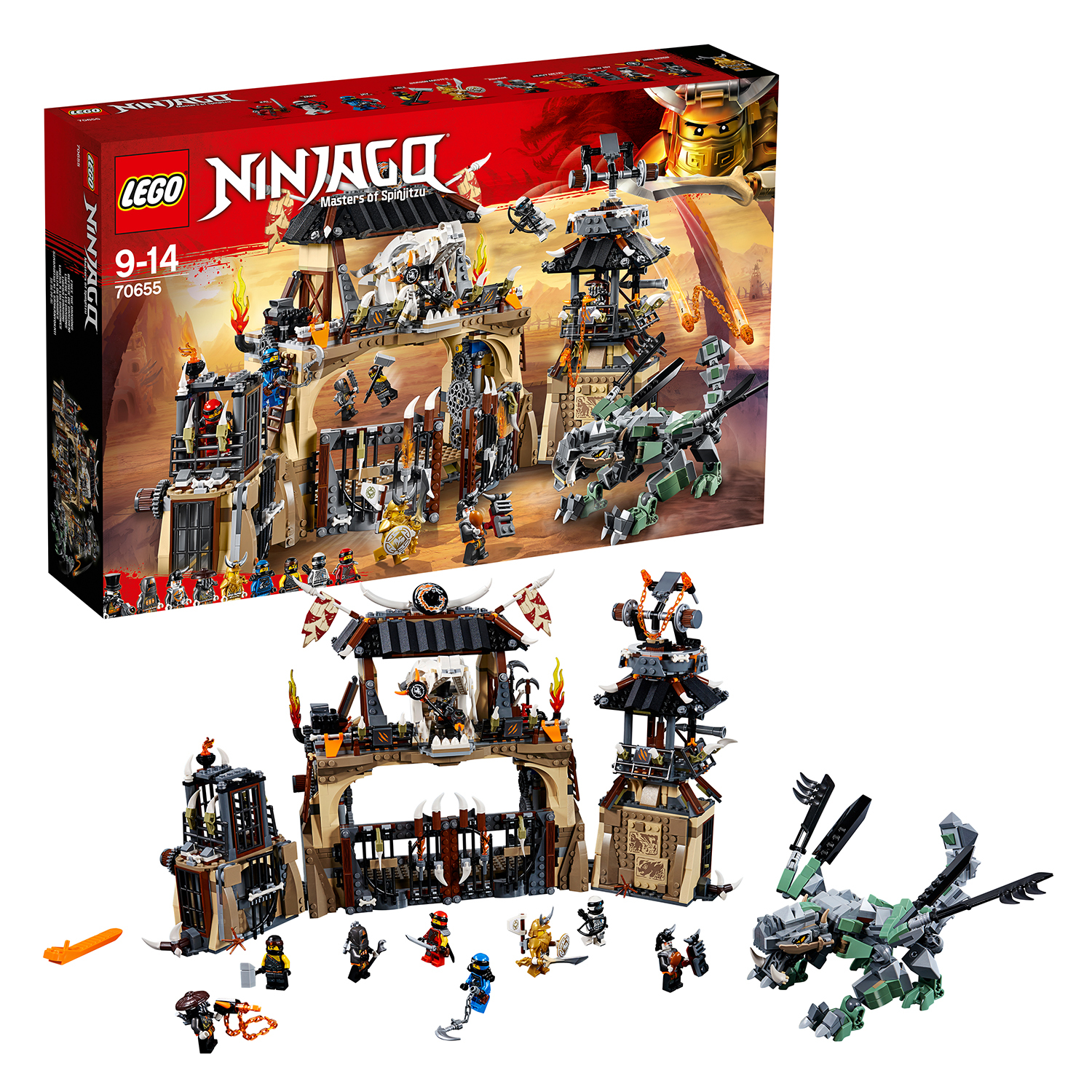 Zestaw Lego Ninjago z fortecą, figurkami i smokiem, z pudełkiem w tle.