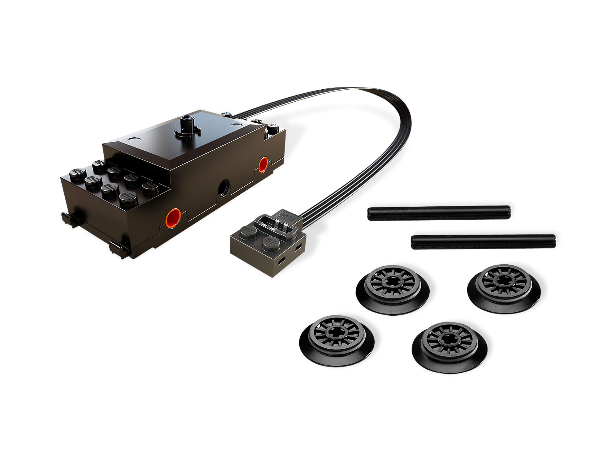 Set LEGO Technic. Motore, connettore e ruote neri su superficie bianca. Vengono mostrati vari componenti.