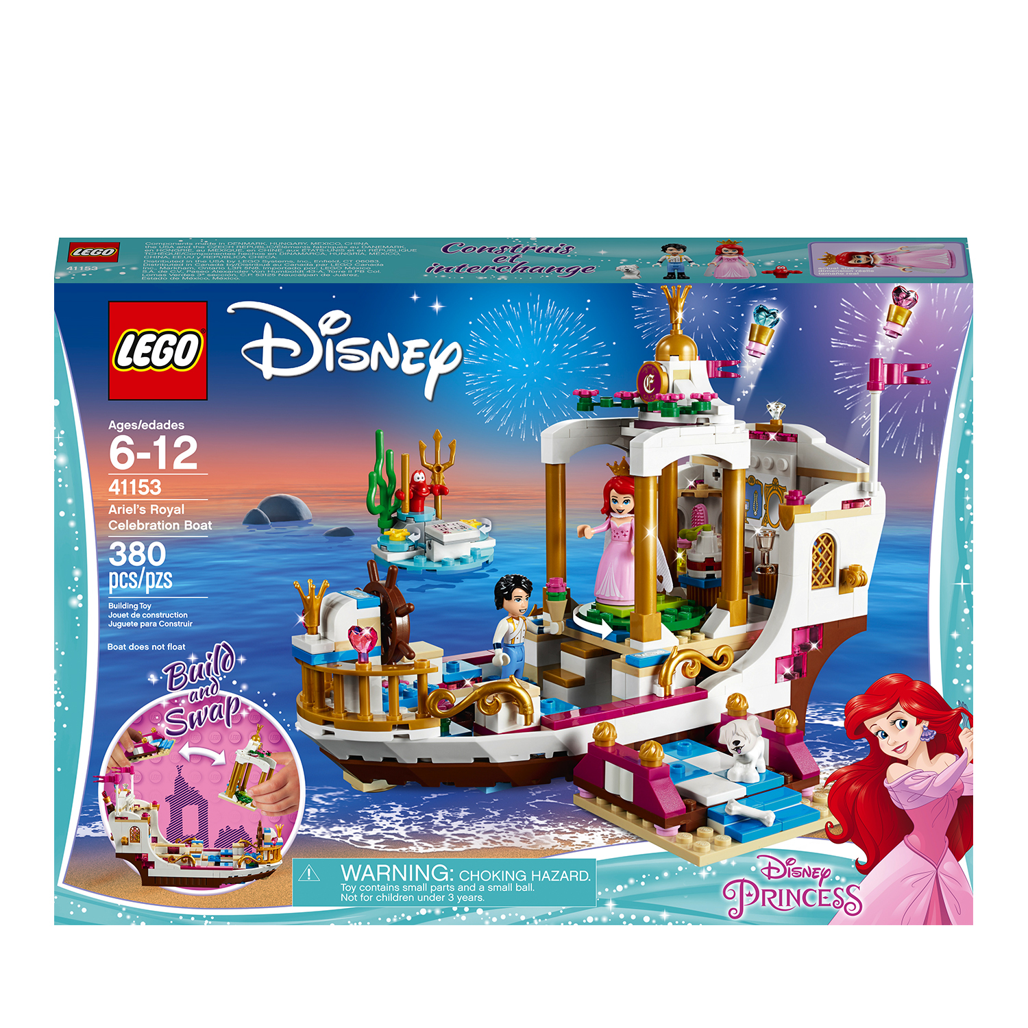Zestaw LEGO Disney łodzi Ariel. Z Ariel, Erikiem i łodzią z fajerwerkami i elementami morskimi.