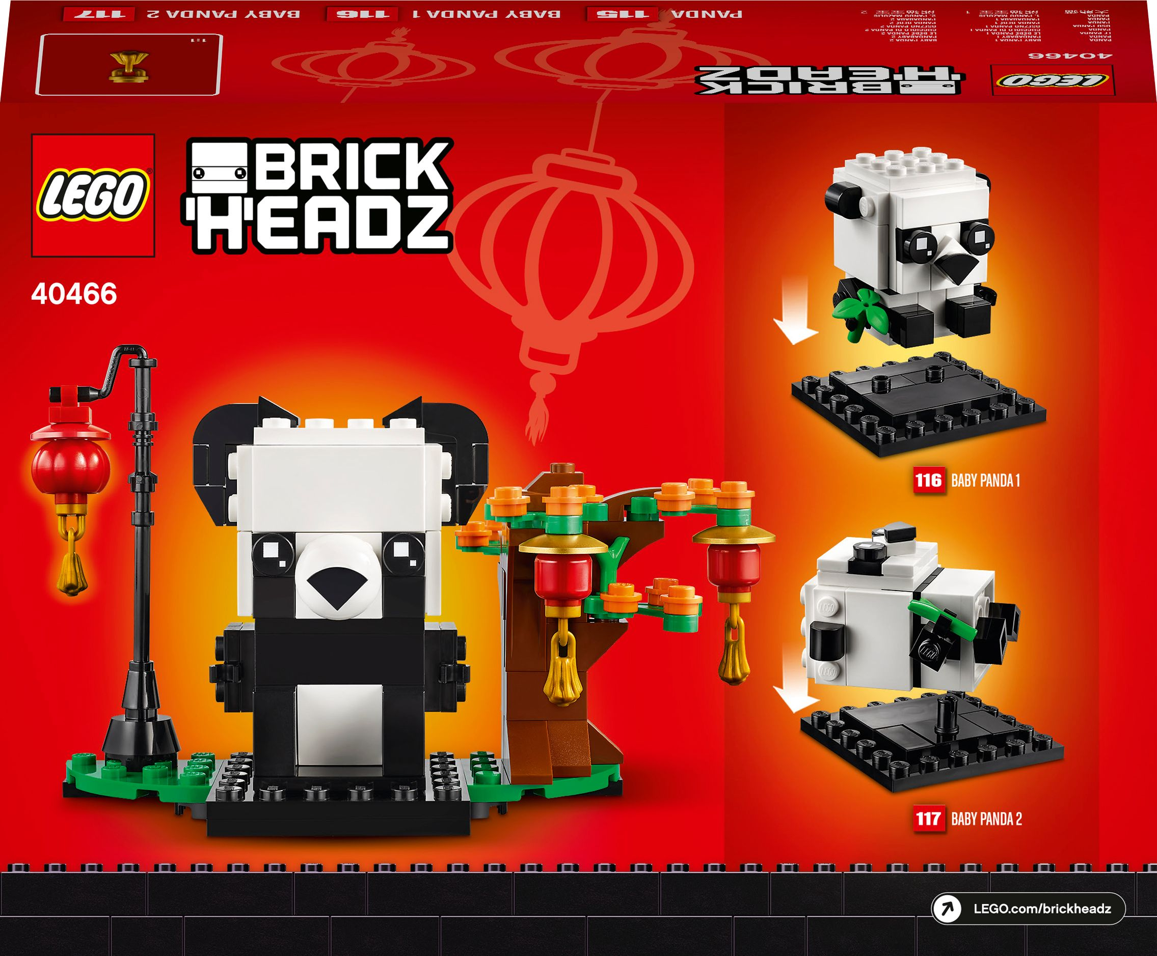 Set Lego Brickheadz Panda, che mostra un panda con un cucciolo di panda e una lanterna.