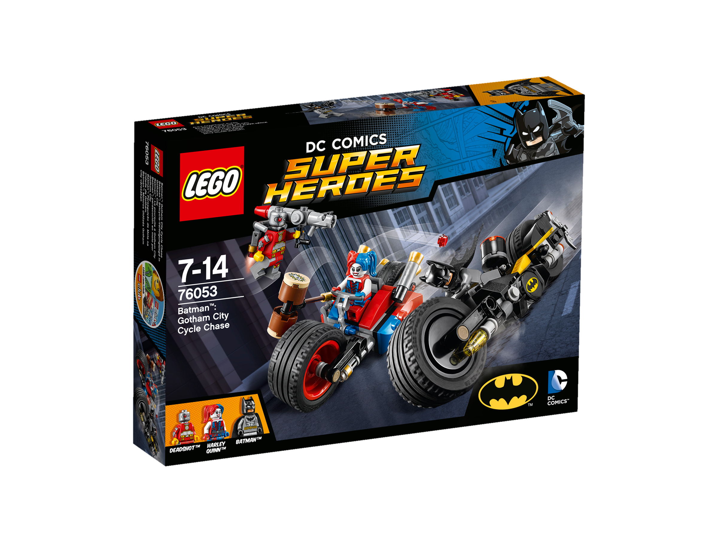 LEGO Super Heroes set met Batman op een motor, Harley Quinn op een fiets en een robot.