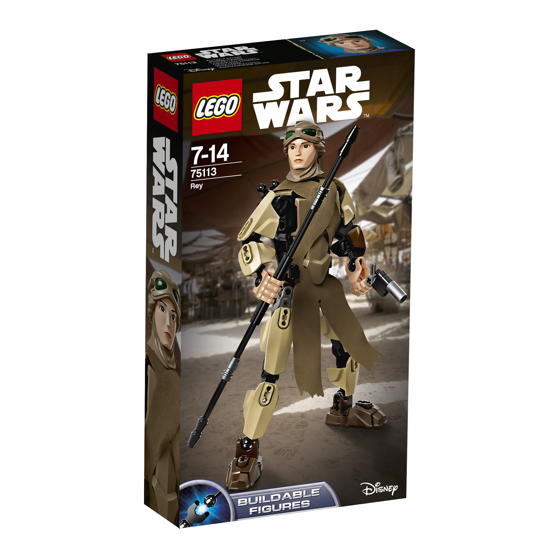 Zestaw LEGO Star Wars: Pudełko z figurką Rey. Zawiera kij i pistolet.