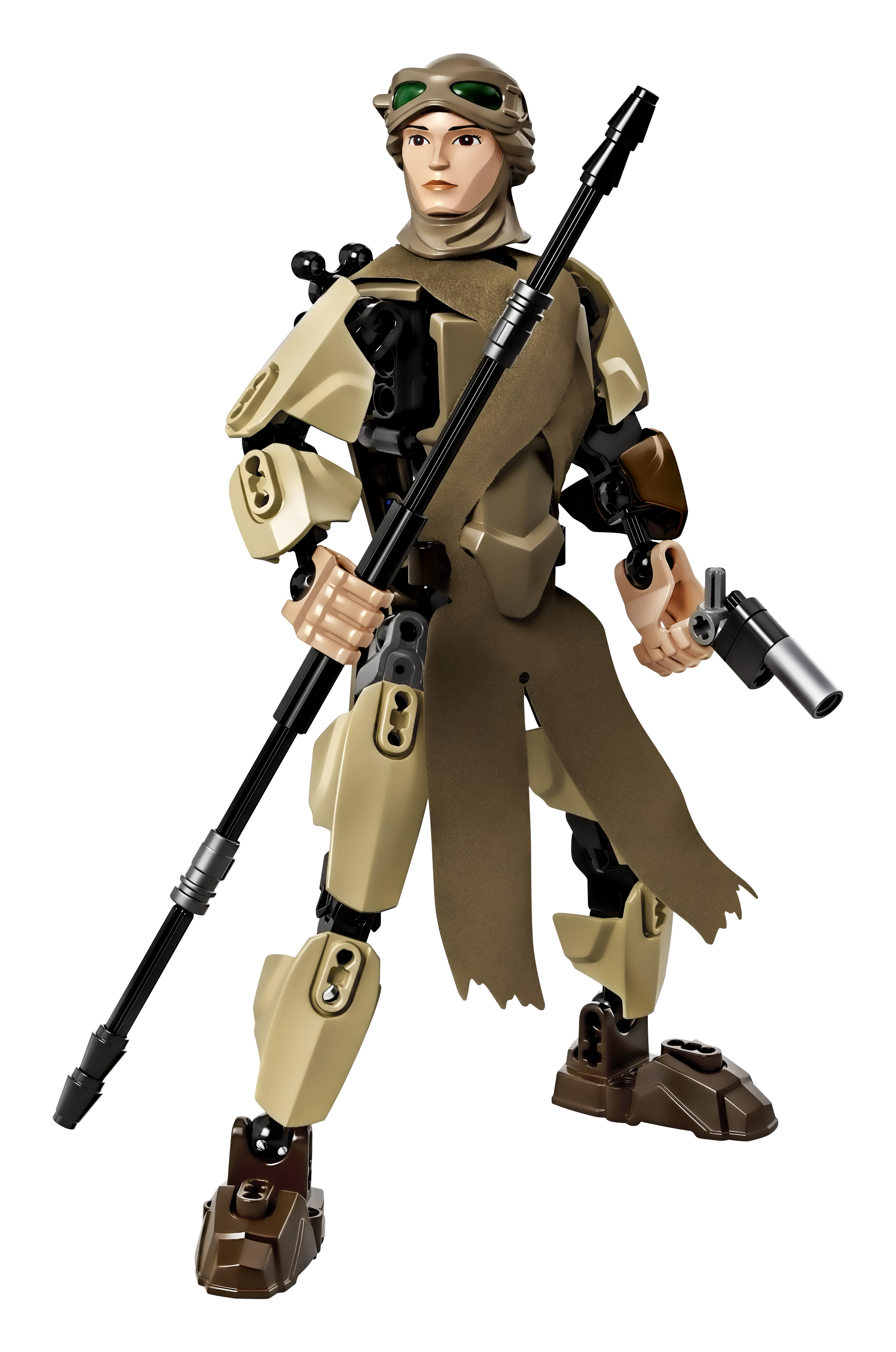 Figurka Lego Star Wars Rey. Postać w beżowym stroju, trzymająca laskę i blaster. Białe tło.