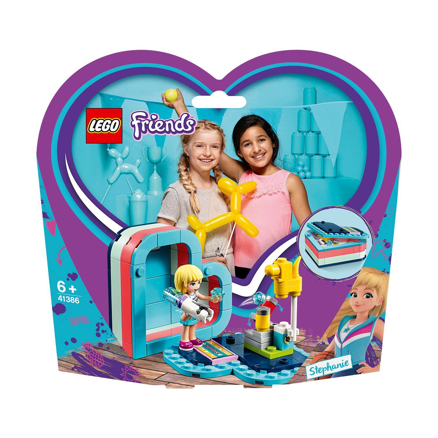 Zestaw LEGO Friends z dwiema dziewczynami, budynkiem i innymi elementami na tle w kształcie serca.