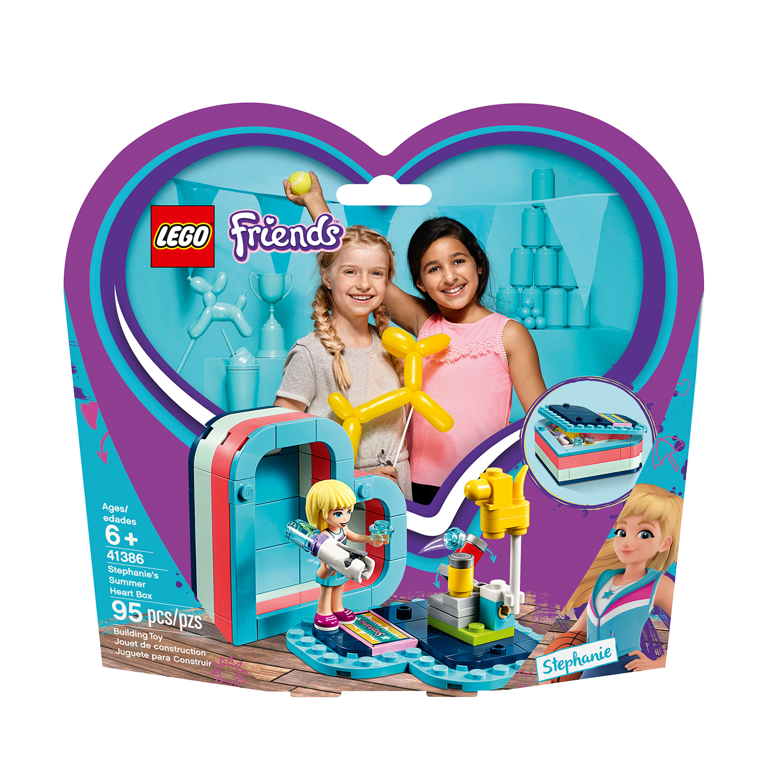 Pudełko zestawu Lego Friends, w kształcie serca z dwiema dziewczynkami, zestaw zawiera zabawki konstrukcyjne i akcesoria.