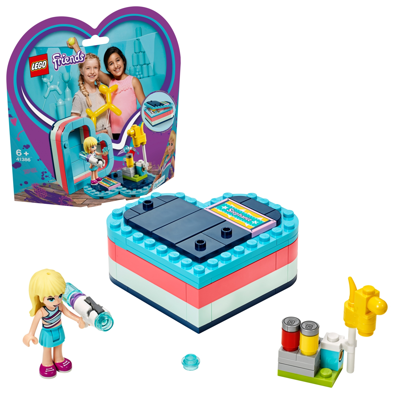 Zestaw Lego Friends. Zawiera pudełko w kształcie serca, figurki i akcesoria. Pudełko jest różowo-niebieskie.