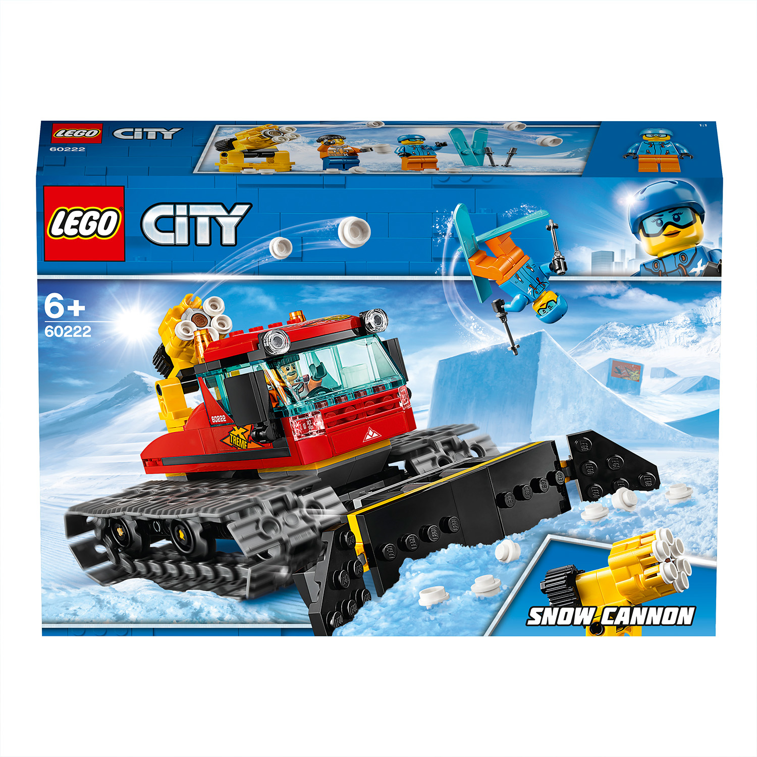 Zestaw LEGO City z czerwoną ratraką, armatką śnieżną, narciarzem i niebieskim tłem.