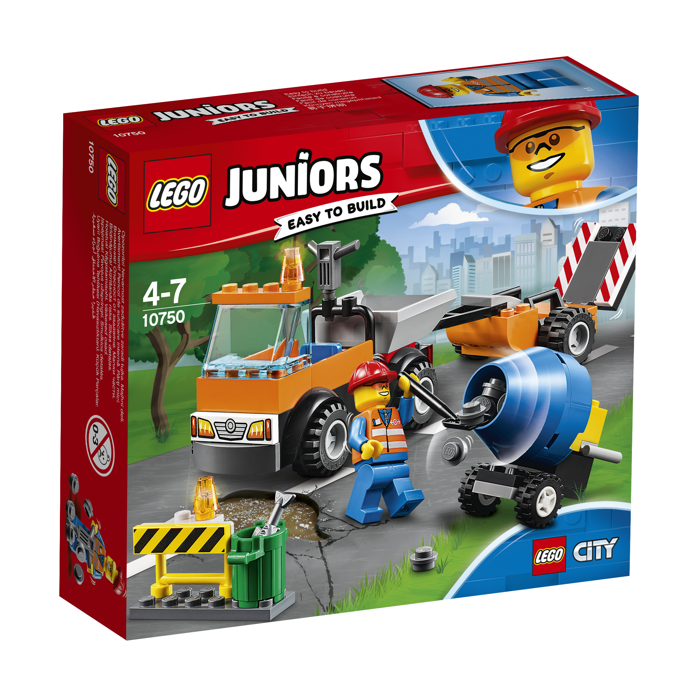 Pudełko zestawu Lego Juniors Construction. Pomarańczowa ciężarówka, betoniarka i robotnicy na budowie.
