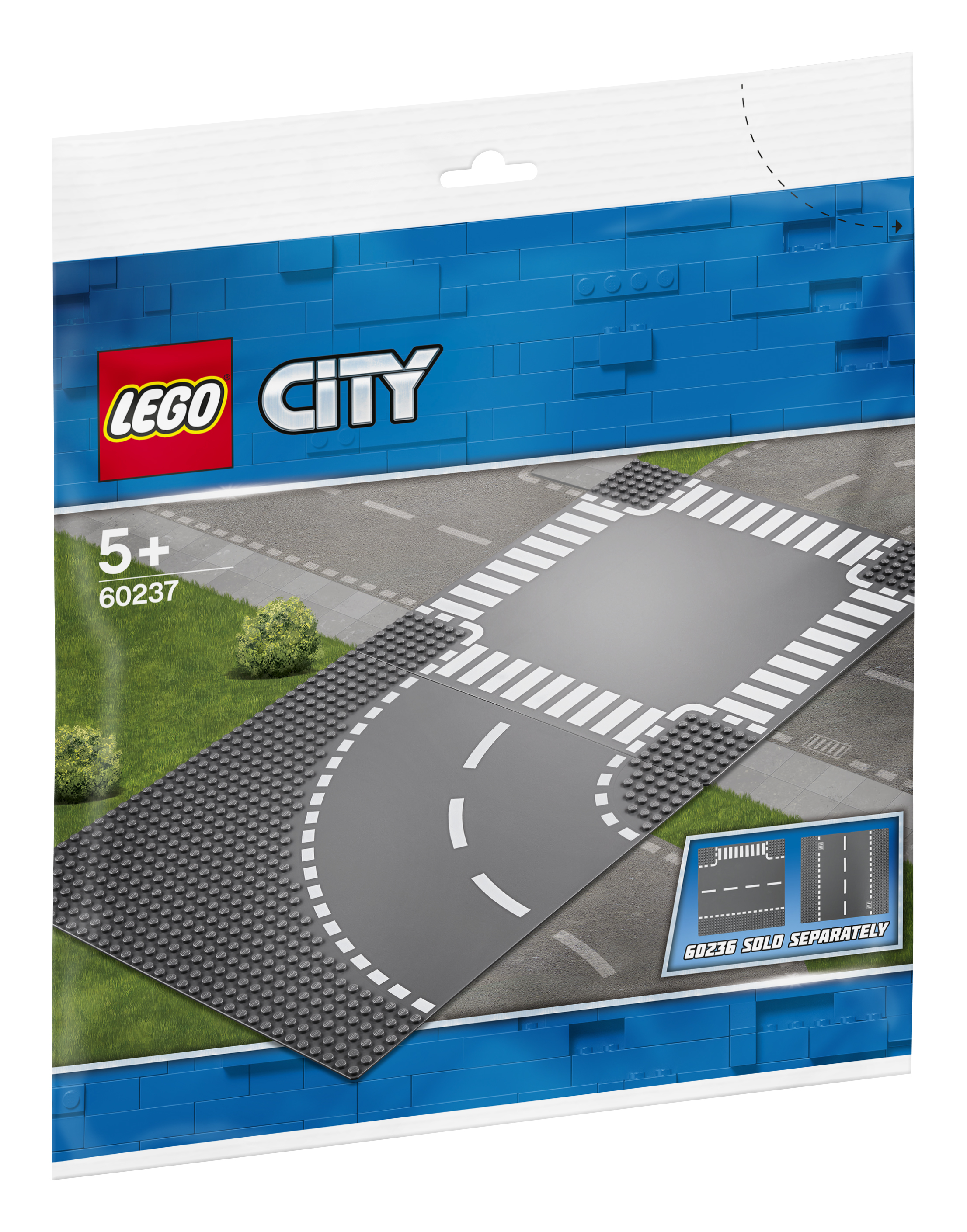 Baseplate stradale Lego City. È una strada curva con strisce pedonali, un angolo e un sacchetto.