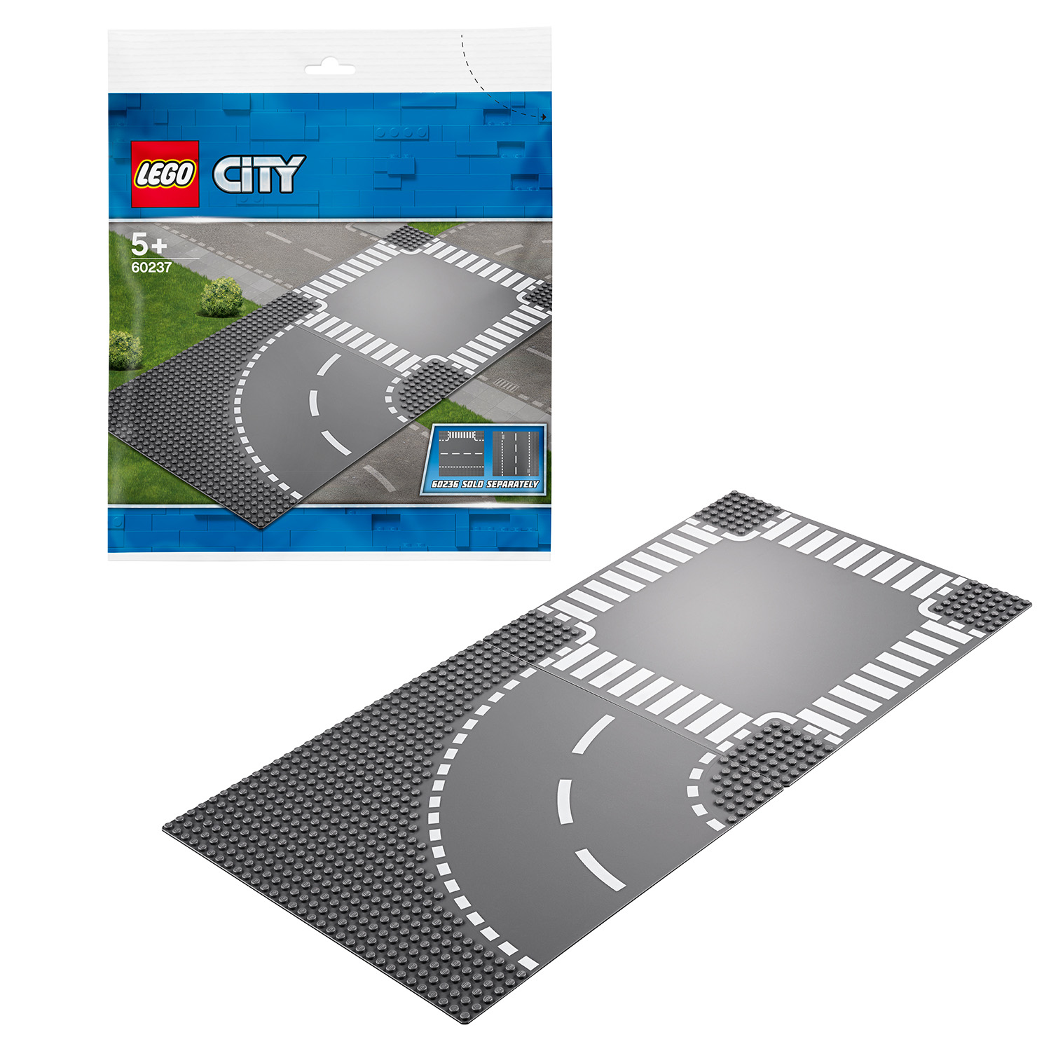 Una base di incrocio Lego City presenta una strada grigia e strisce pedonali bianche.