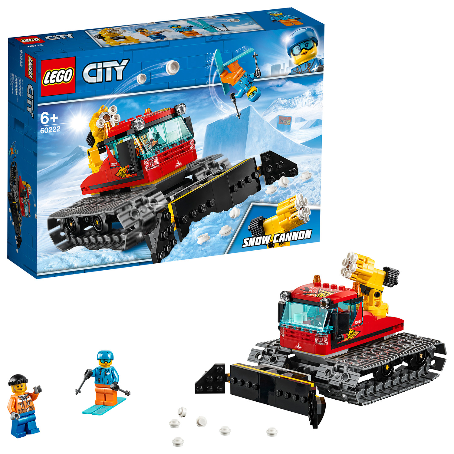 Zestaw Lego City: Ratrak ze śnieżnym działem, figurkami i śniegiem. Najbardziej widoczne kolory to czerwony i czarny.