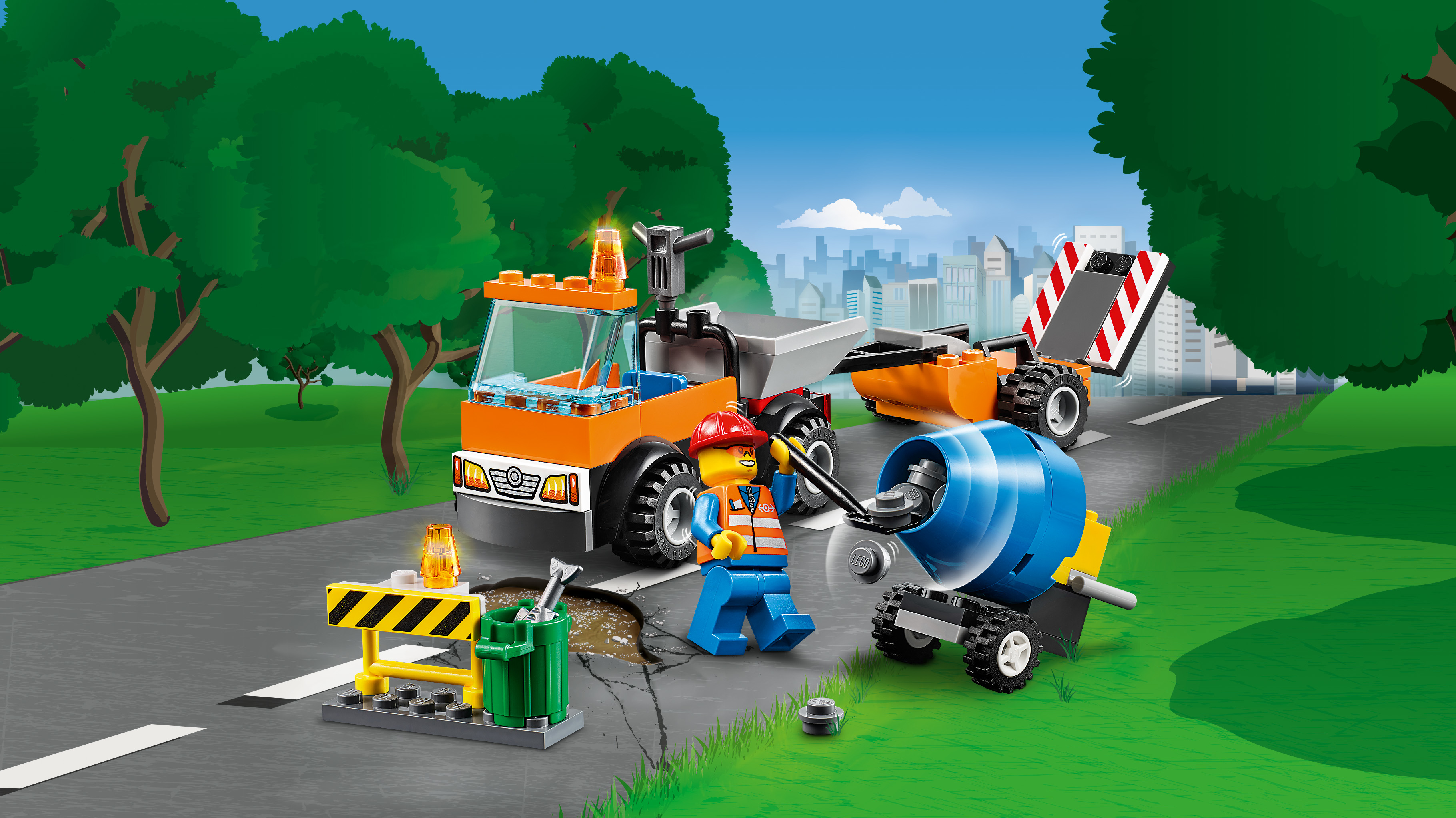 Scena budowy Lego City z ciężarówką, betoniarką i minifigurkami.