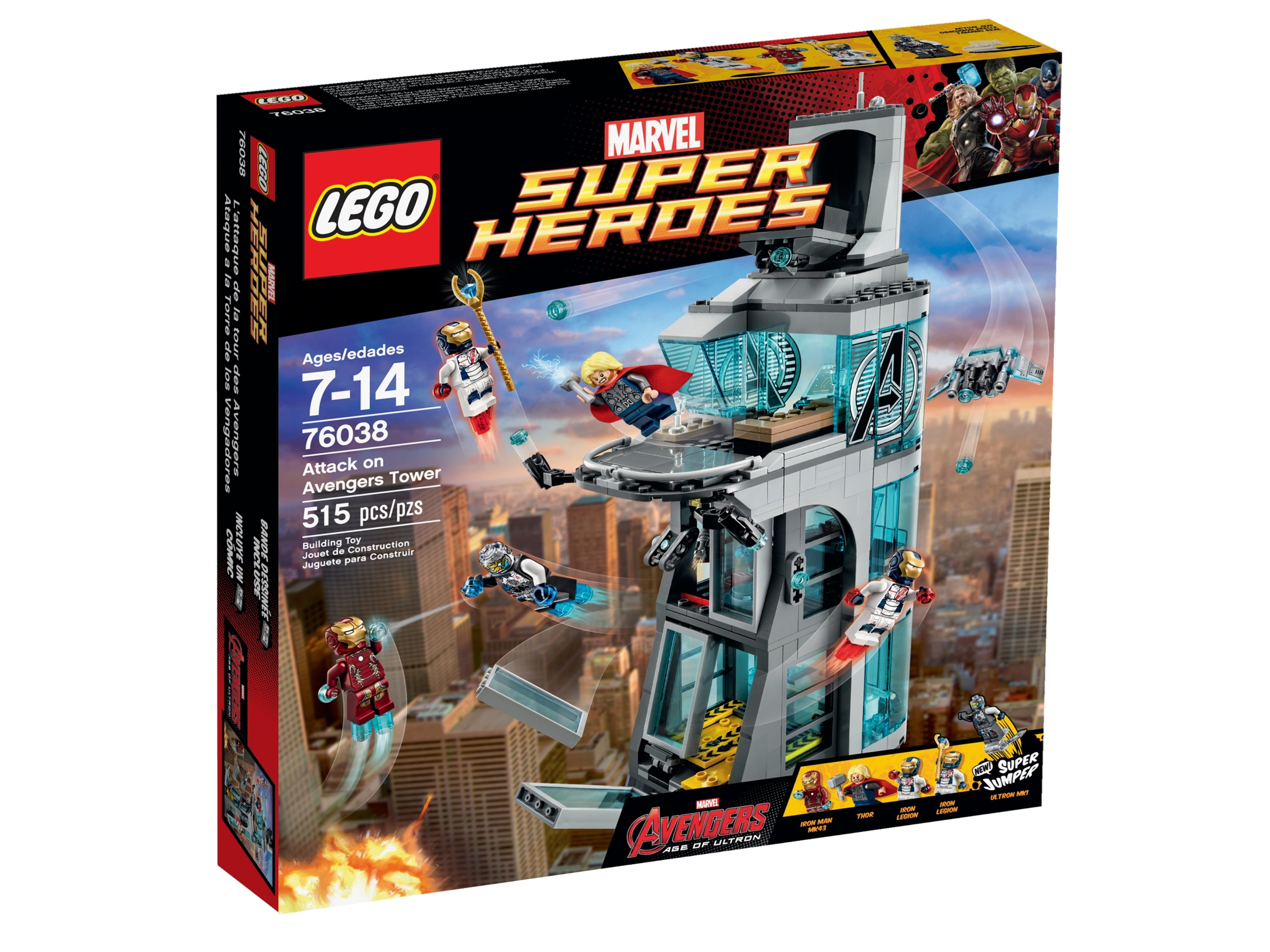 Lego-set van de Avengers Tower met vliegende figuren. De doos toont de toren en karakters.