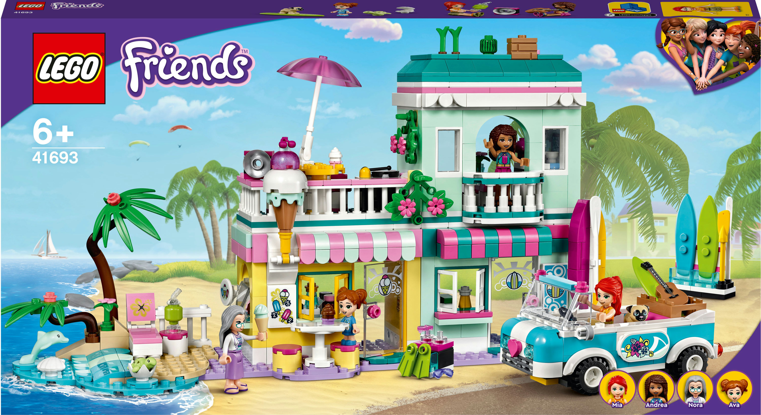 Zestaw Lego Friends: Scena kawiarni na plaży z figurkami, samochodem i akcesoriami.