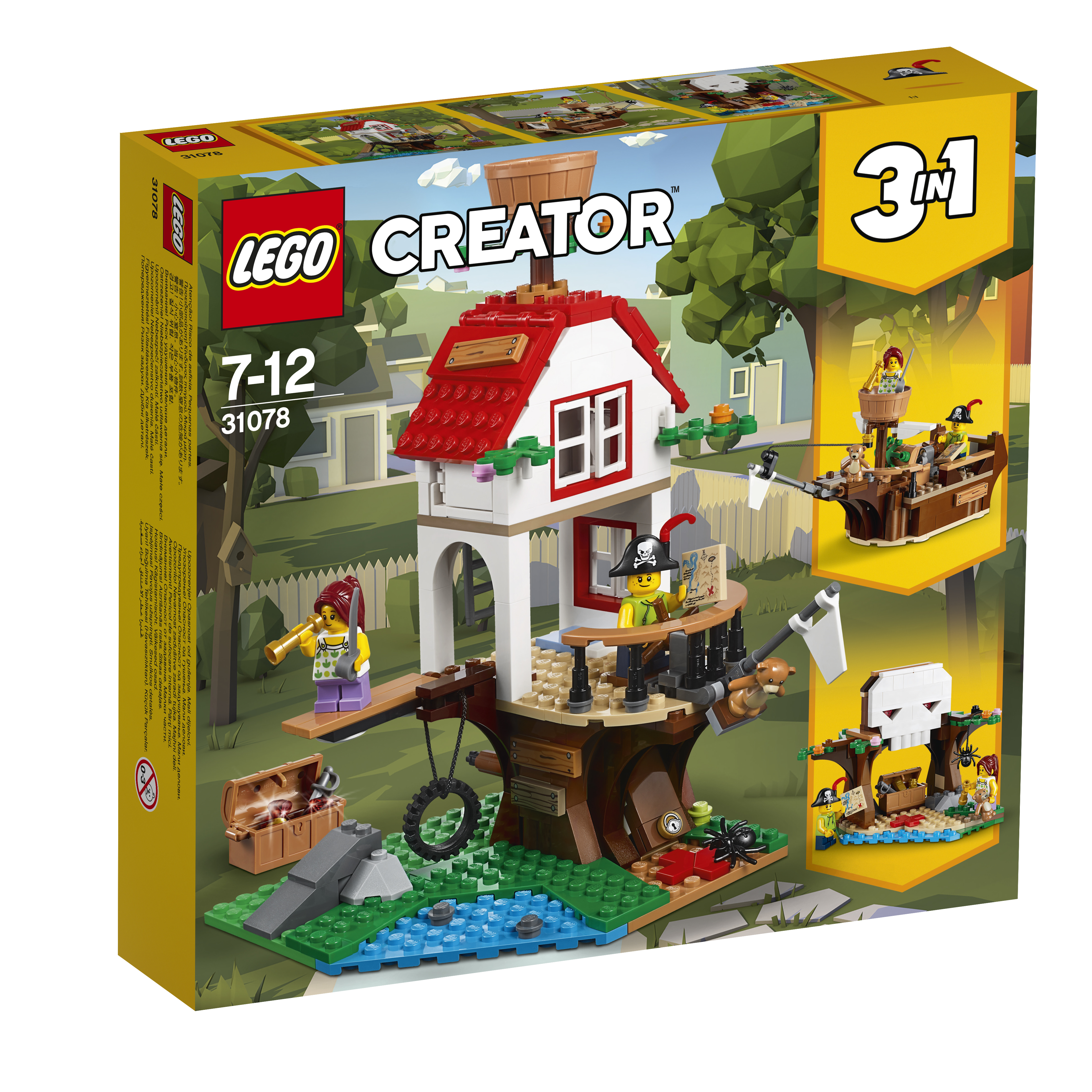 Un set Lego Creator di una casa sull'albero a tema pirata, con varie costruzioni.