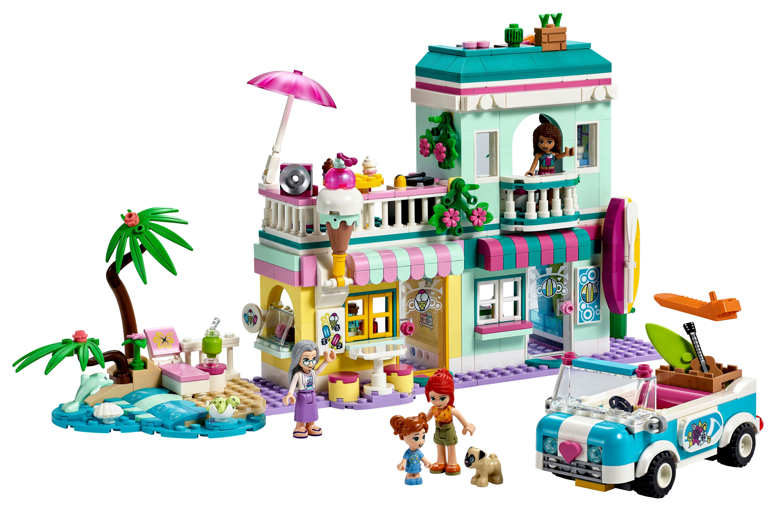 Zestaw LEGO Friends z kawiarnią na plaży, z minifigurkami, samochodem, palmami i akcesoriami.