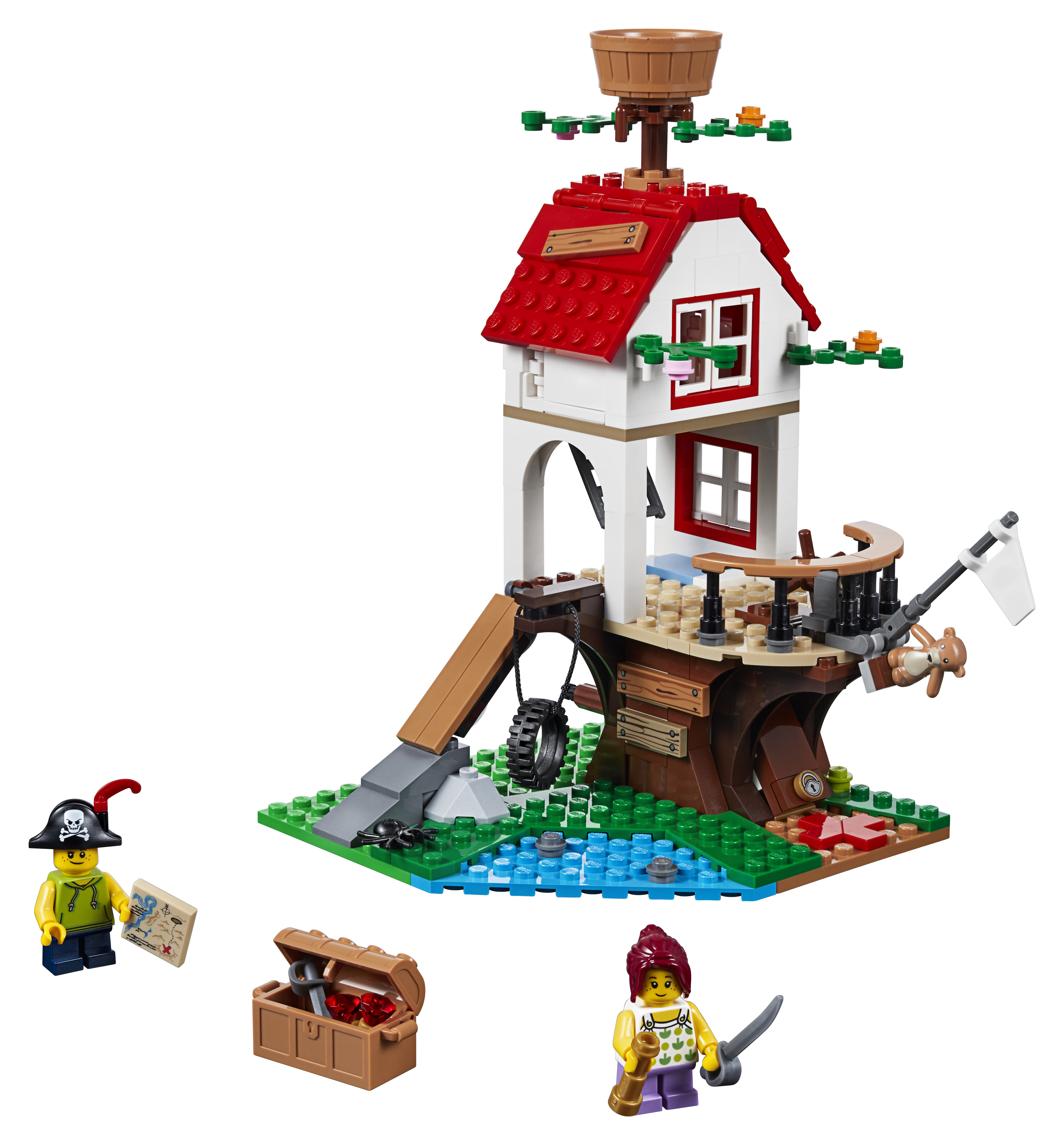 Set Lego casa sull'albero dei pirati con minifigure, forziere del tesoro e accessori.