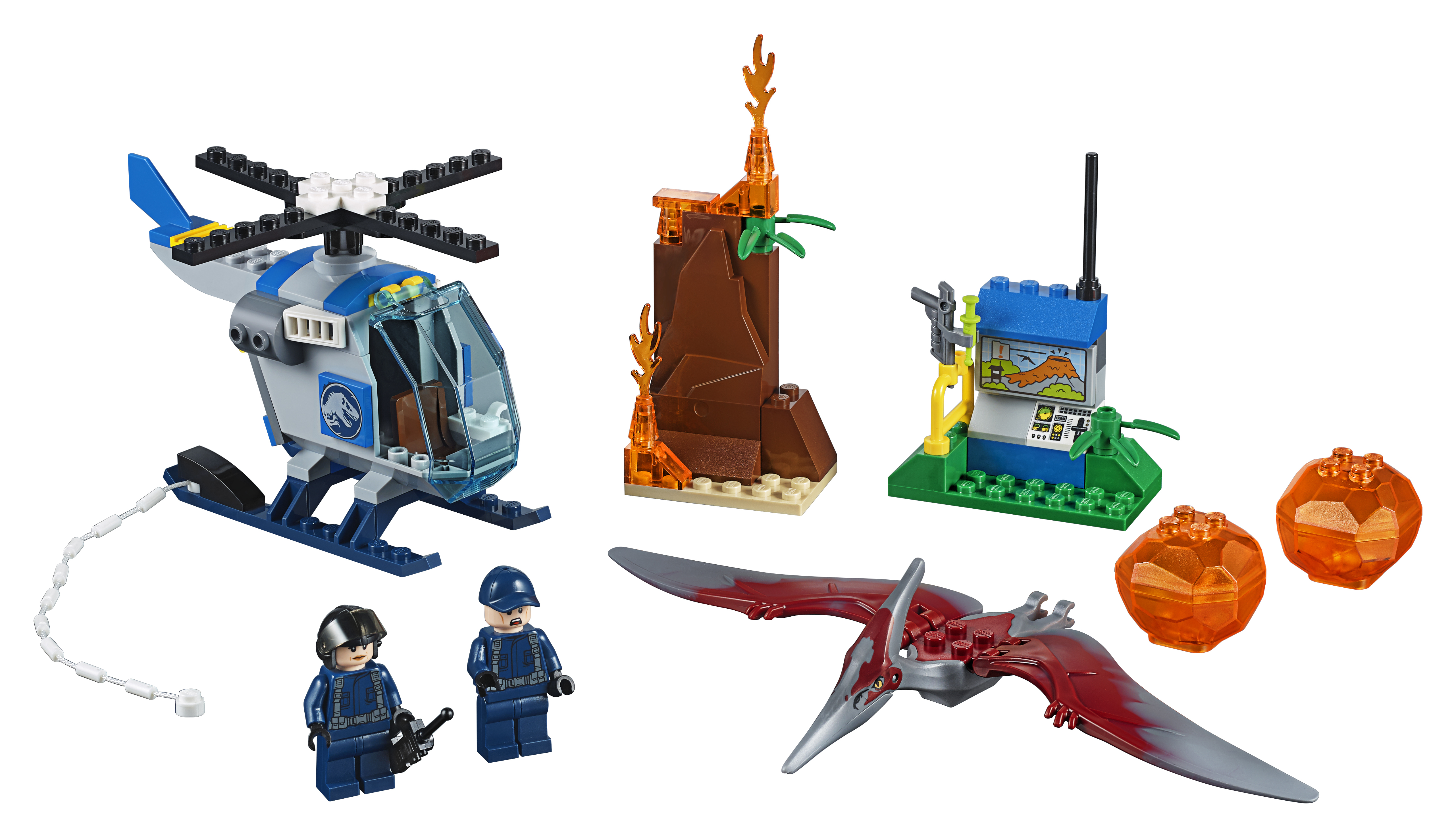 Set Lego Jurassic World con elicottero, dinosauro e minifigure.