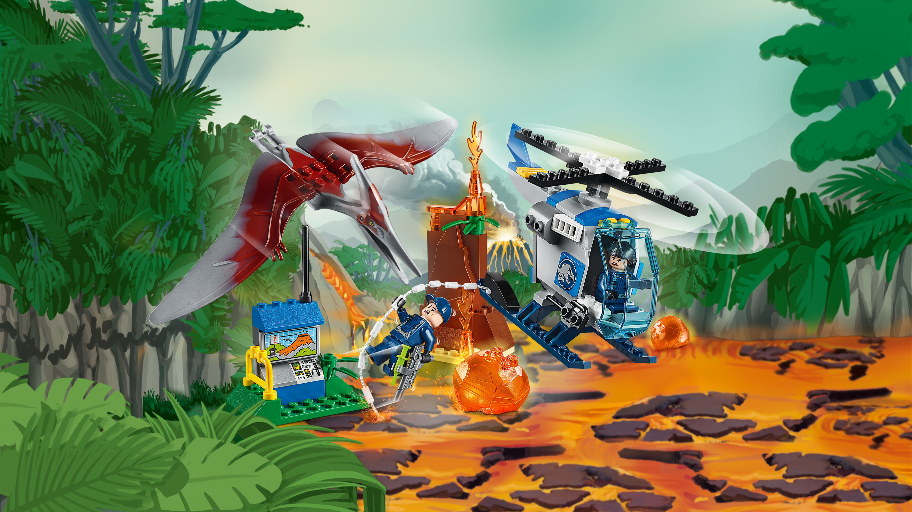 Set Lego raffigurante una scena di Jurassic Park con un elicottero e un Pterodattilo in volo.