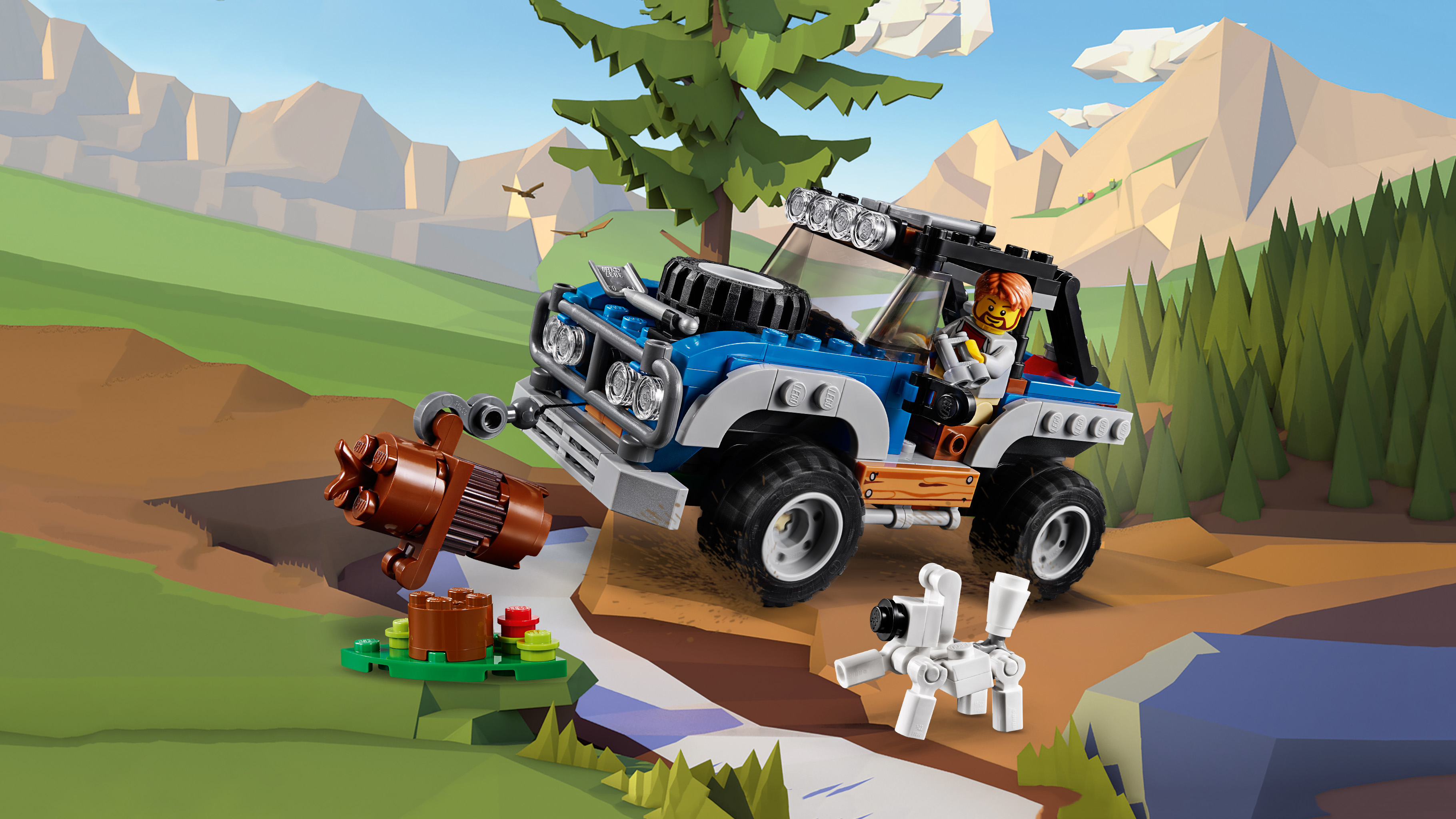 Lego City 4x4 terenowy z psem, drzewem i naturalnym krajobrazem.