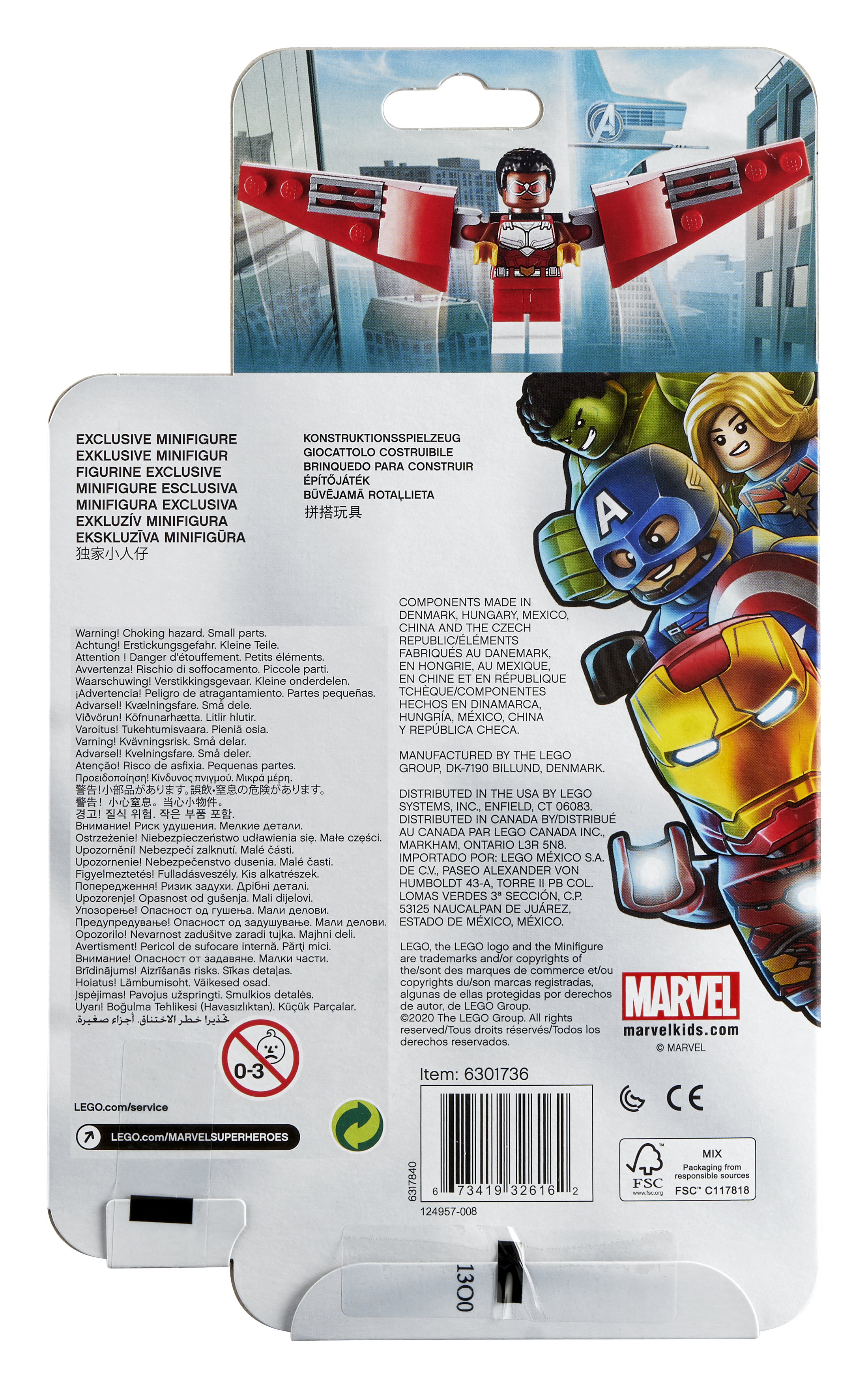 Retro confezione LEGO Marvel Avengers. Mostra minifigure Avengers, contenuto set, testo vario.