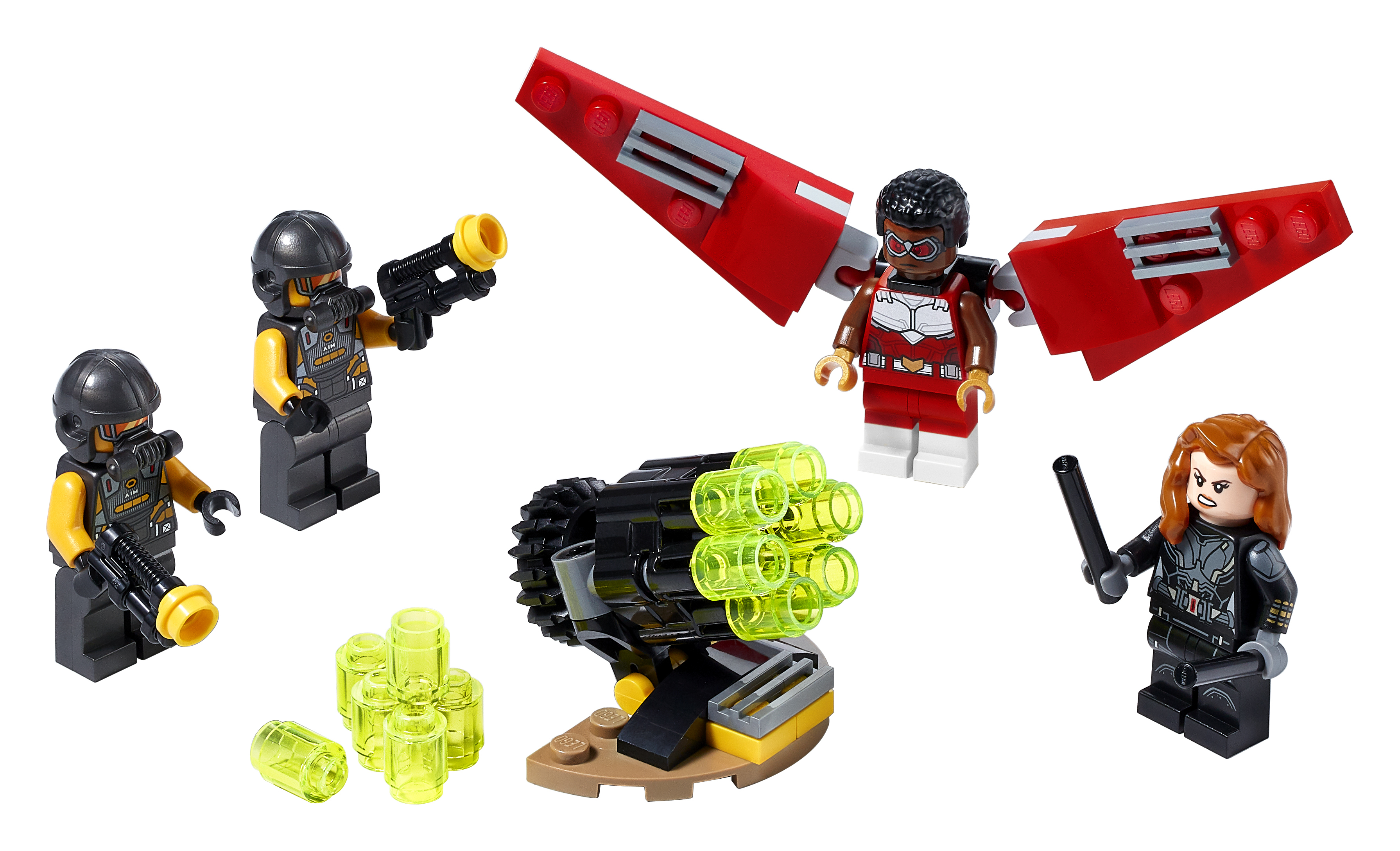 Set LEGO Marvel Super Heroes. Con Falcon, Vedova Nera e due soldati con un cannone.