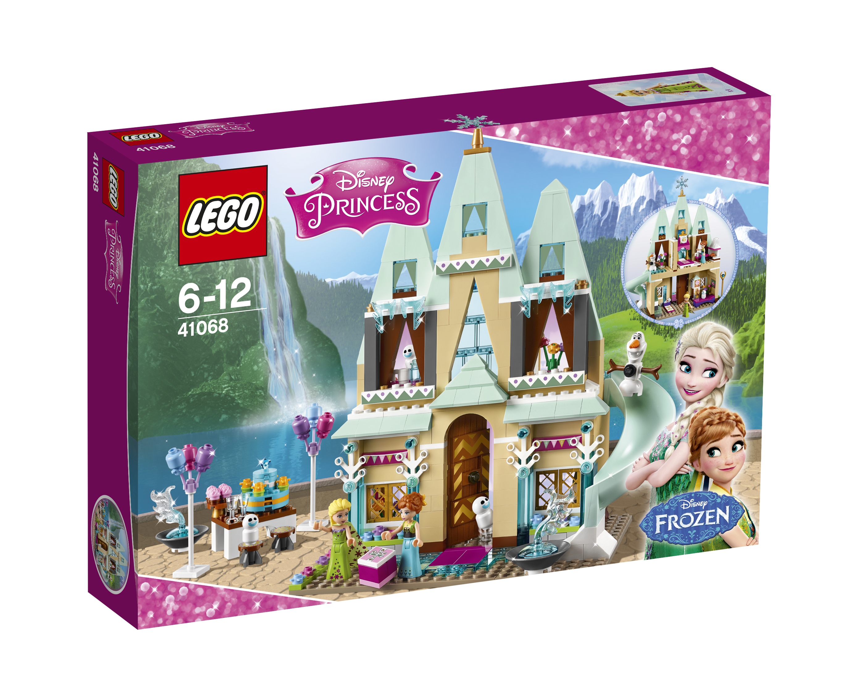 Zestaw Lego Disney Princess. Zawiera zamek, postacie z Krainy Lodu, zjeżdżalnię i akcesoria. Pudełko pokazuje zestaw.