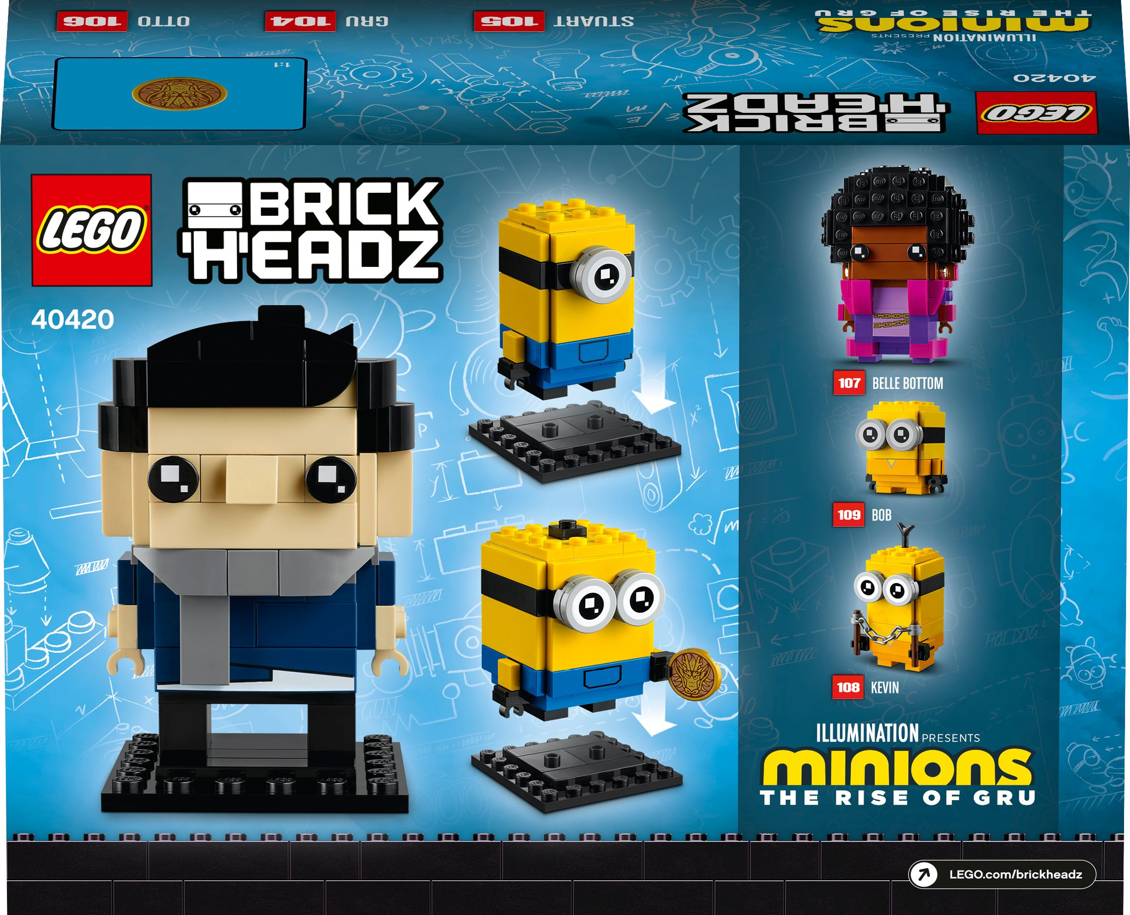 Lego BrickHeadz kutusu: Minyonlar, Belle Bottom, Bob ve Kevin. Logolu Lego figürleri sergileniyor.