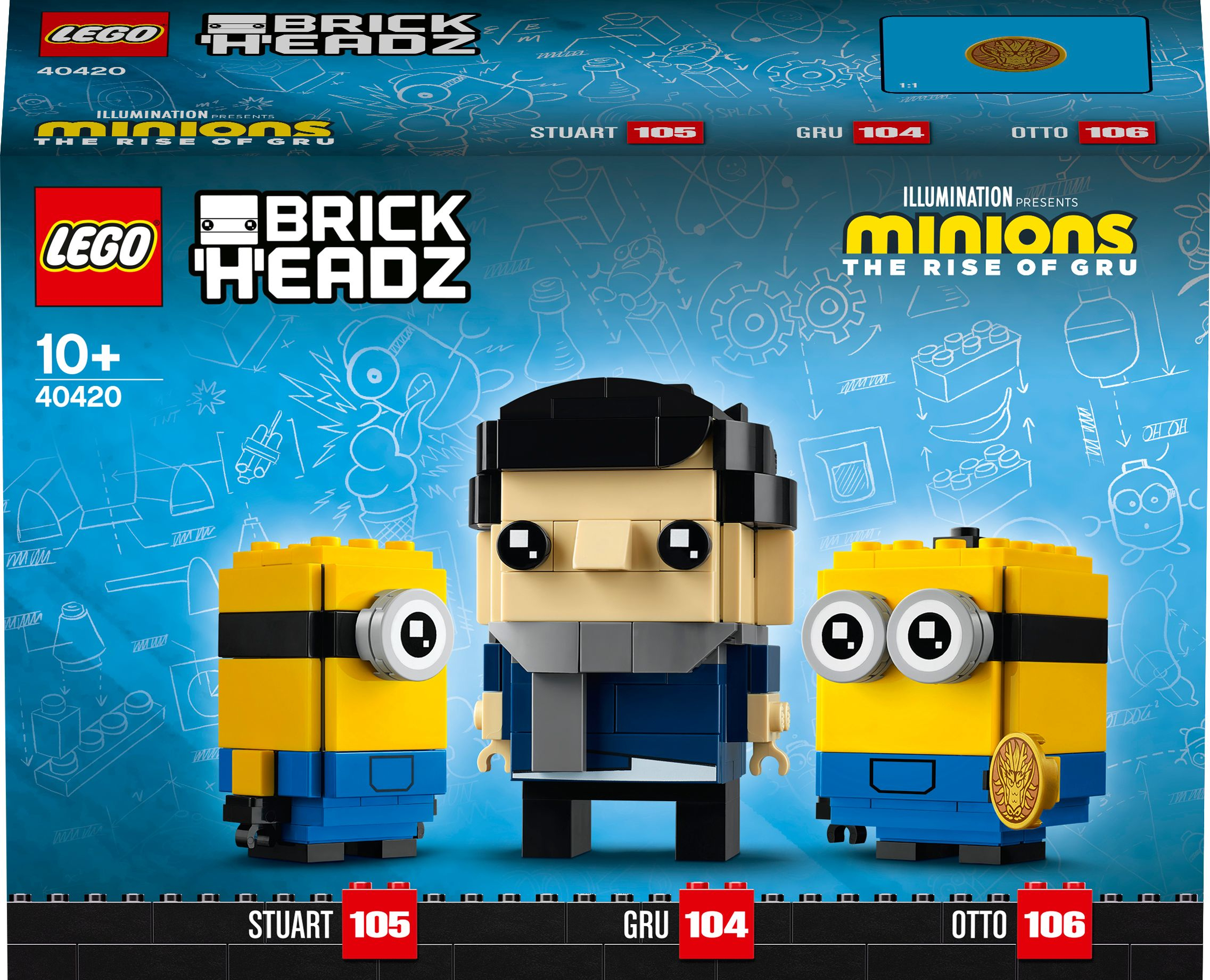 Minion karakterleri Stuart, Gru ve Otto'nun yer aldığı Lego BrickHeadz seti, isimleri etiketlenmiş.