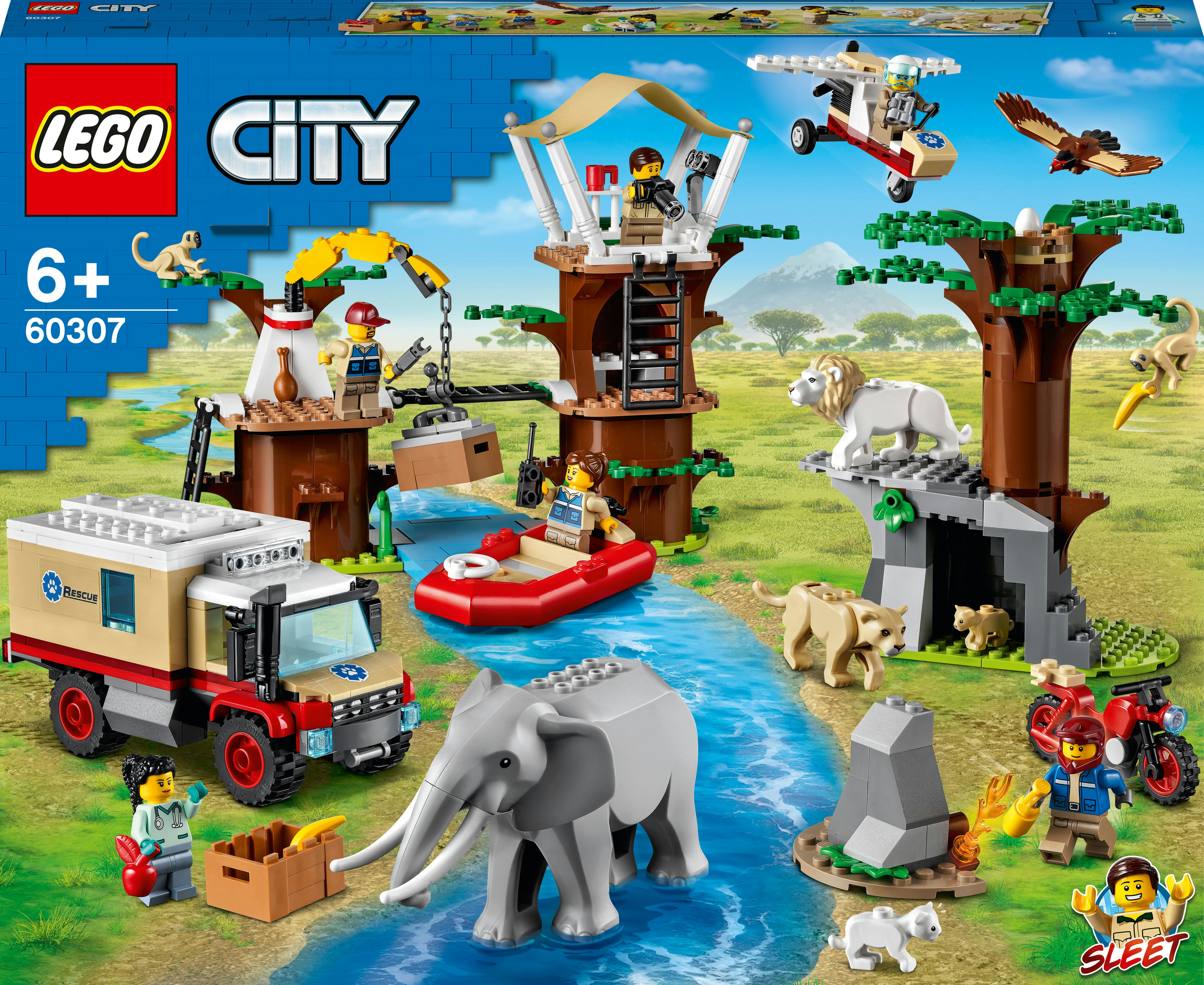 Zestaw Lego City. Scena safari ze zwierzętami, pojazdami i minifigurkami na zielono-niebieskim krajobrazie.