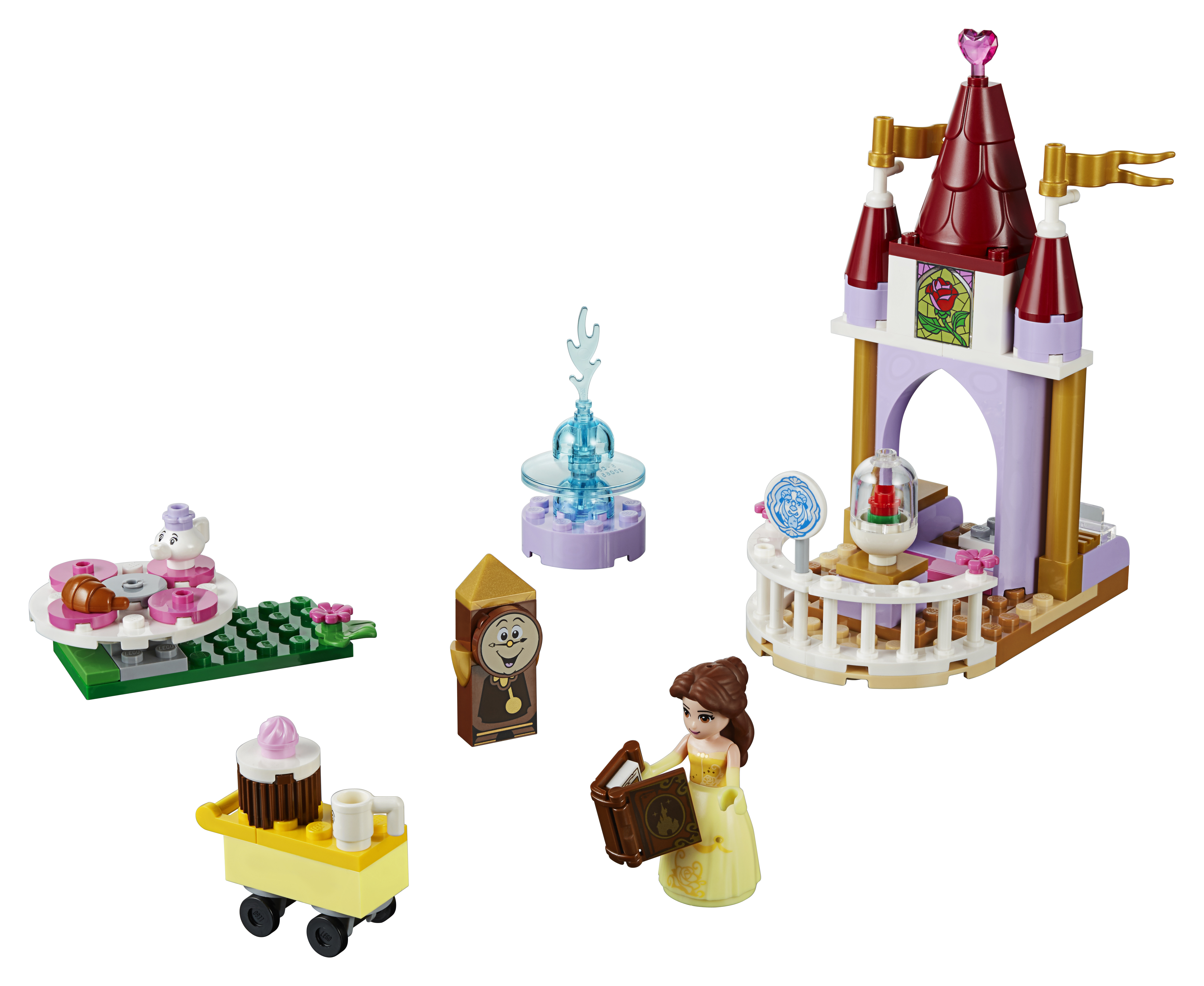 Set LEGO: personaggio Belle, parti del castello, orologio e accessori. Sfondo bianco.